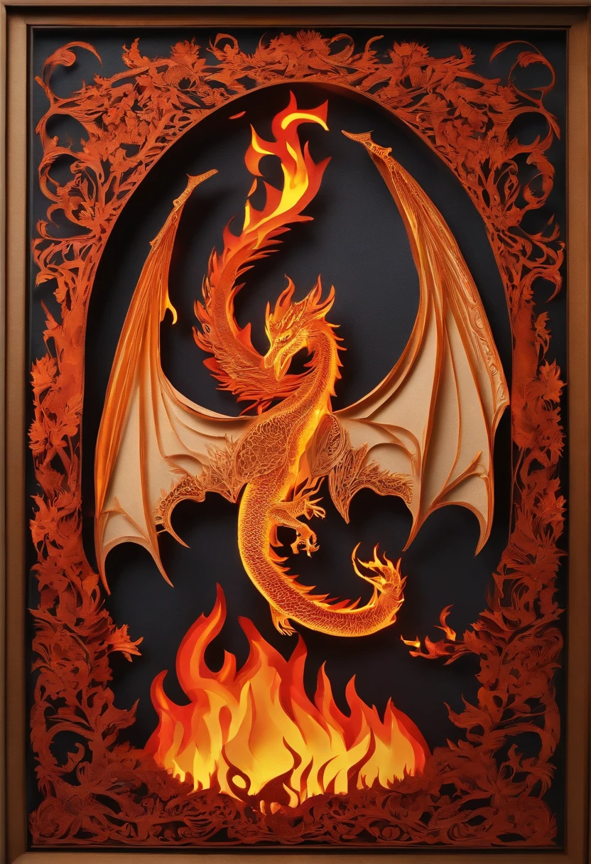 Best Quality, Top image quality, Top resolution, Intricate details, Craftsmanship, (Papercut:1.3), The work of a magician with fire magic, Ring of Fire, Dragon engulfed in flames, Cutting framed paper, Protruding from the flame of the flame, Actual Paper Burning, fire, Real Fire