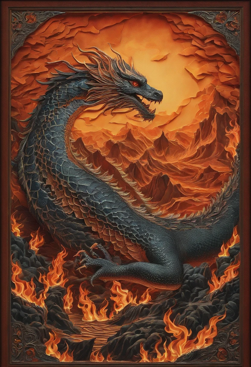 Best Quality, Top image quality, Top resolution, Intricate details, Craftsmanship, (Papercut:1.3), The work of a magician with fire magic, Ring of Fire, Dragon engulfed in flames, Cutting framed paper, Protruding from the flame of the flame, Actual Paper Burning, fire, Real Fire