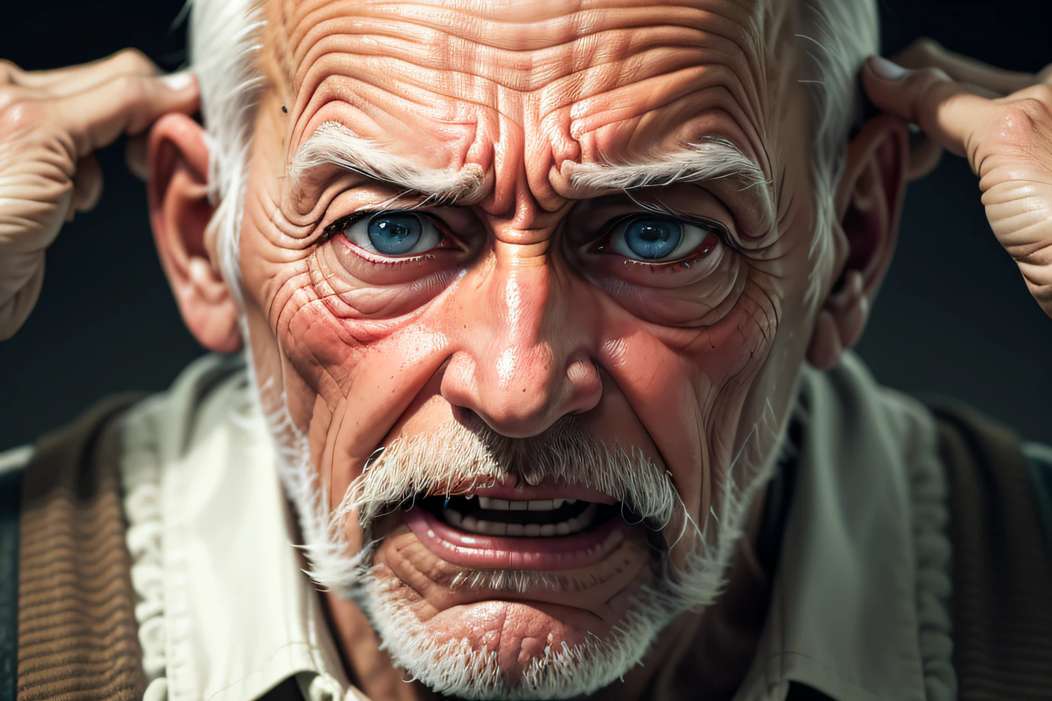 old man Retrato realista em close-up UltraHD de um homem com cabelos castanhos curtos, emphasis on the expression of despair, chocado, screaming with his hands on his ear