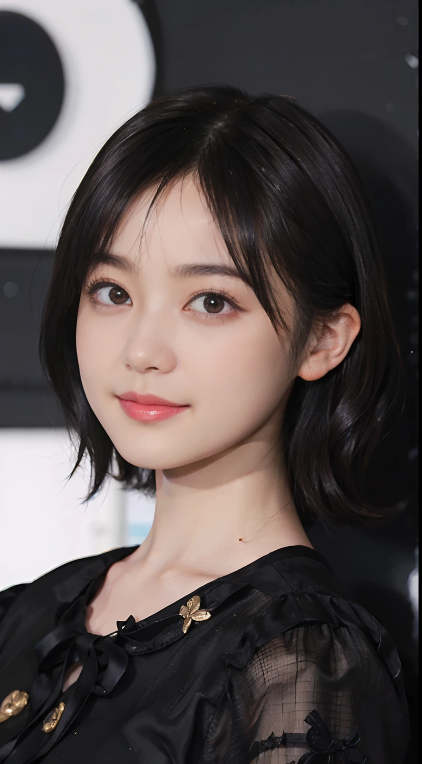 ((1womanl)), (((Black-short-hair))), (masuter piece:1,3)、top-quality、masterpiece、hight resolution、Original、highly detailed wallpaper、JINS、Large ribbon, (A slight smil)、a small face、((breast))、(Gorilla T-Shirt)、(light on face)、Live-action style, Beautiful facial features, darkened room,