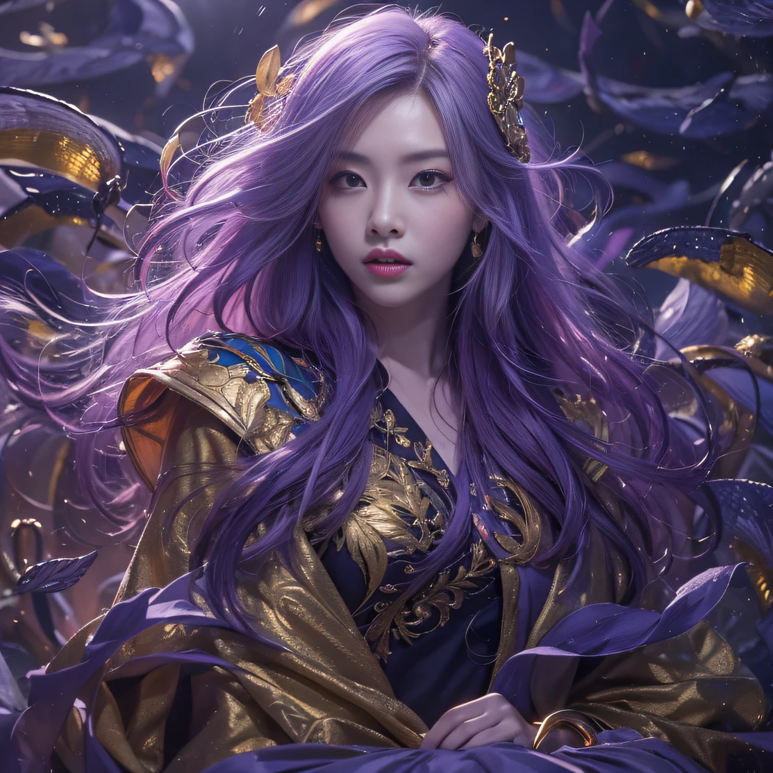 Blood Girl 32K(tmasterpiece,k hd,hyper HD,32K)Long flowing bright purple hair,blood pond,zydink, a color,Silent (Post-halo), (Old blue and white scarf), Combat posture, looking at the ground, long whitr hair, Floating bright purple, Fire cloud pattern gold tiara, Chinese long-sleeved gold silk garment, (Abstract metaverse splash:1.2), white backgrounid,Lotus vitality protector(realisticlying:1.4),Bright purple hair,Smoke on the road,The background is pure, A high resolution, the detail, RAW photogr, Sharp Re, Nikon D850 Film Stock Photo by Jefferies Lee 4 Kodak Portra 400 Camera F1.6 shots, Rich colors, ultra-realistic vivid textures, Dramatic lighting, Unreal Engine Art Station Trend, cinestir 800,A girl with long flowing bright purple hair