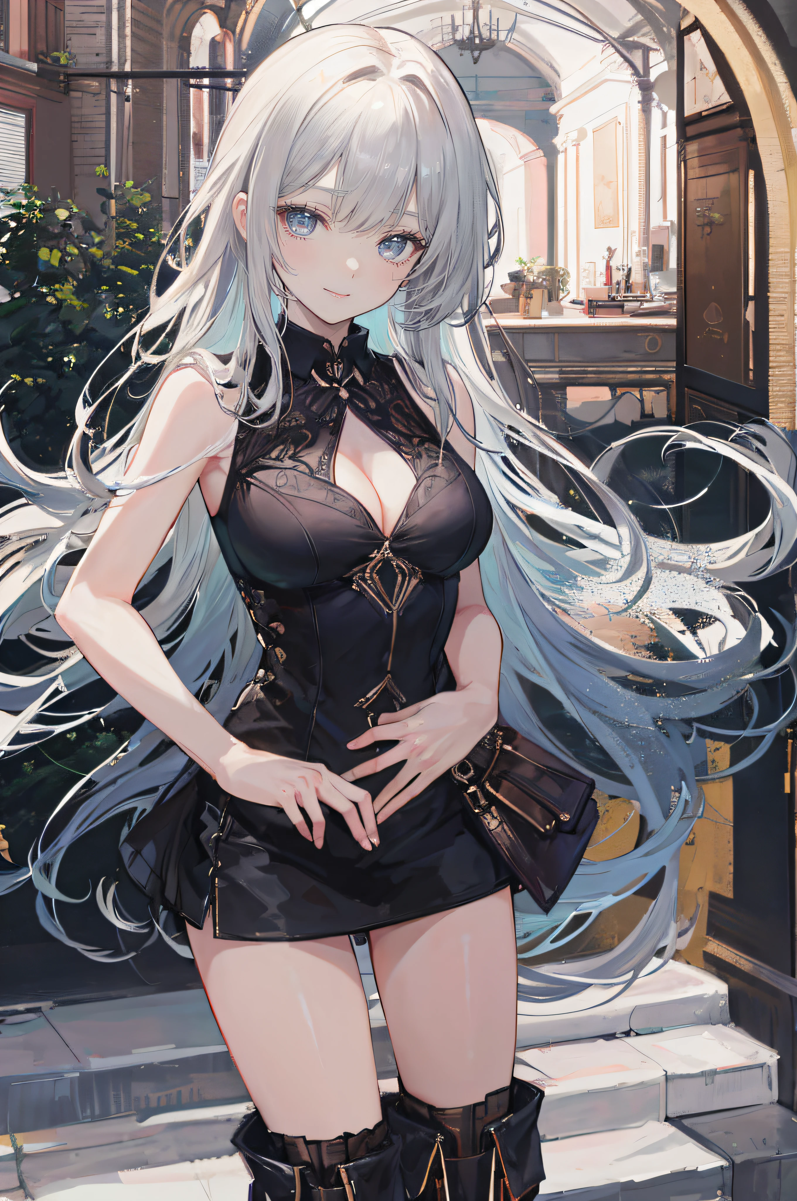 ((A sexy and beautiful woman is looking down at me from the top of the stairs)), ((The cutest 22-year-old beauty)), ((Charming smile)), ((Very long hair) ), (( miniskirt)), ((rich bust)), gradient eyes, seductive makeup, single view, NFFSW, UHD, retina, masterpiece, accurate, anatomical, scientifically correct, textured skin, super detail, high detail , High Quality, Award Winning, Top Quality, High Resolution, 1080P, HD, 4K, 8k, 16k