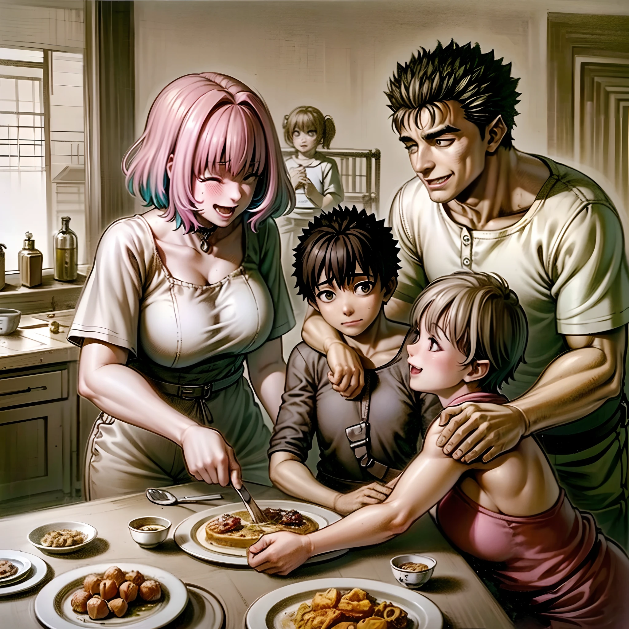 riamu yumemi,guts,couple,husband and wife,riamu motherly,house wife,cooking,mother and son,children,family,happy,(best quality,4k,8k,highres,masterpiece:1.2),ultra-detailed,(photo1.37),joyful,loving,embrace,adorable,cheerful,blissful,togetherness,warmth,smiles,vibrant colors,sunshine,beautifully lit,cosy home,harmonious,family bond,making memories,satisfying meal,homemade food,laughter,motherly affection,playful kids,herb garden,spacious kitchen,life's small joys,dreamy,wholesome,carefree,affectionate gaze,authentic moments,harmony of love and simplicity,unconditional love,tranquil,heartwarming,captured memories,cherished moments,intergenerational love,endless laughter,tight-knit,fond memories,blessed family,treasuring time together,priceless happiness