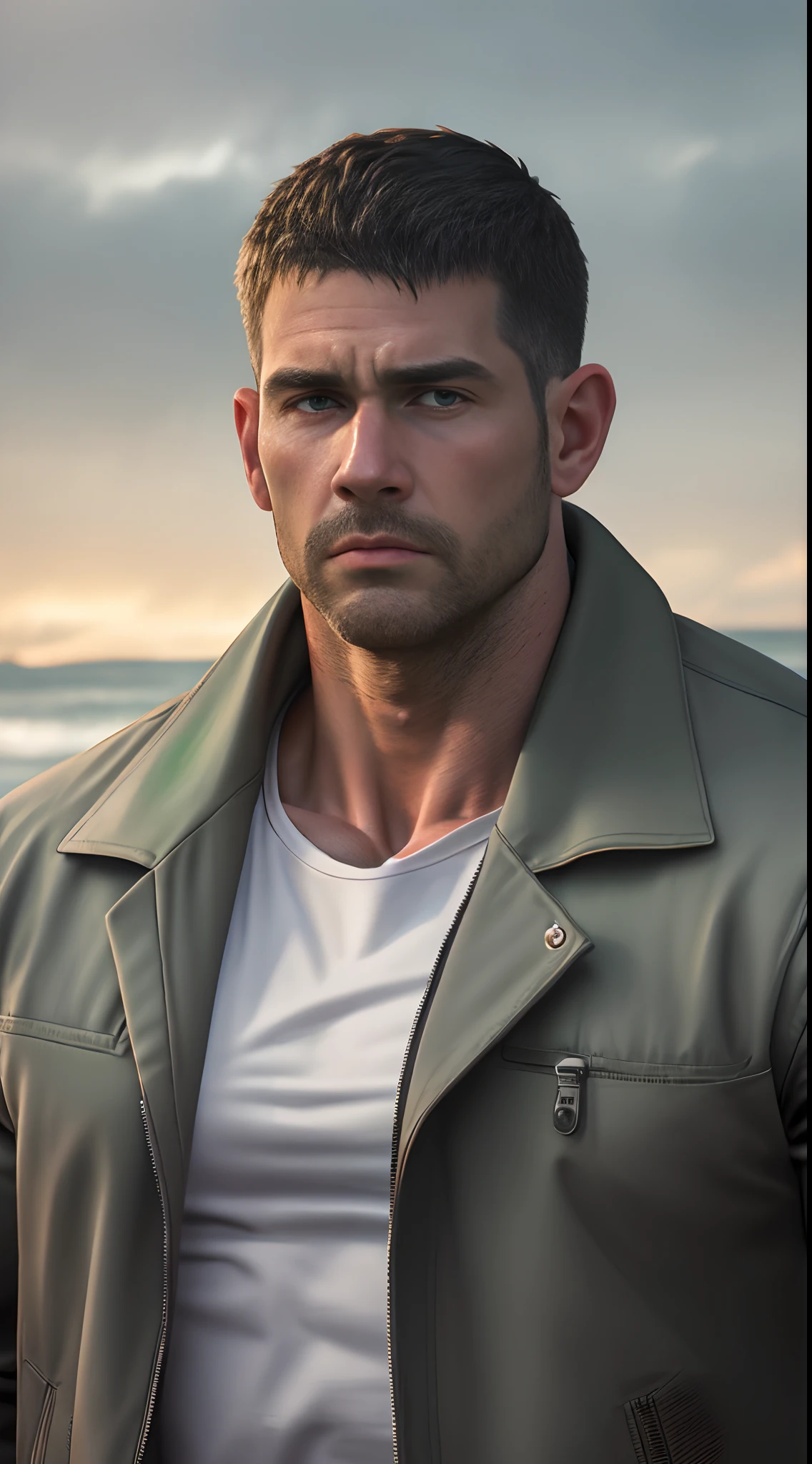 An award-winning original photo, 1 man, solo, ((41 year old)), Chris Redfield, ((daddy)) weaing casual gray T-shirt inside, ( jacket with white and green print outside), (dark black trousers), muscular male, tall and hunk, biceps, abs, chest, emotionless face, best quality, masterpiece, dynamic angle, beach in the background, detailed face, volumetric lighting, center focus, from below,(Best quality, A high resolution, Photorealistic), Cinematic lighting, Masterpiece, RAW photo, Intricate details, hdr,