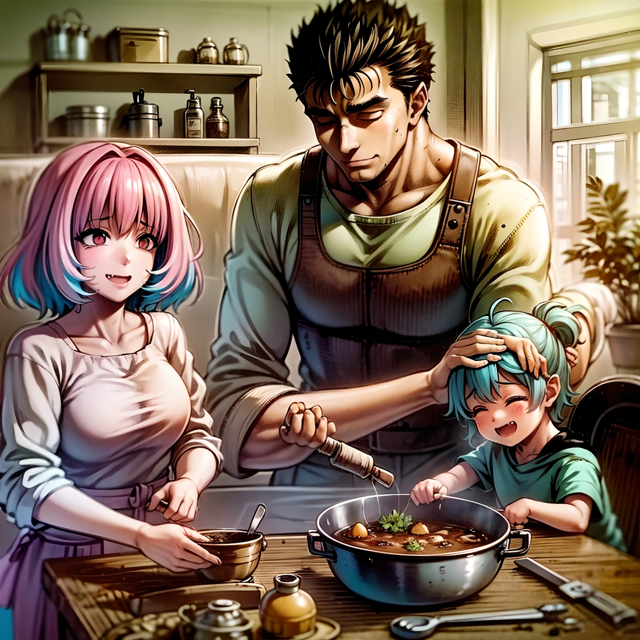 riamu yumemi,guts,couple,husband and wife,riamu motherly,house wife,cooking,mother and son,children,family,happy,(best quality,4k,8k,highres,masterpiece:1.2),ultra-detailed,(photo1.37),joyful,loving,embrace,adorable,cheerful,blissful,togetherness,warmth,smiles,vibrant colors,sunshine,beautifully lit,cosy home,harmonious,family bond,making memories,satisfying meal,homemade food,laughter,motherly affection,playful kids,herb garden,spacious kitchen,life's small joys,dreamy,wholesome,carefree,affectionate gaze,authentic moments,harmony of love and simplicity,unconditional love,tranquil,heartwarming,captured memories,cherished moments,intergenerational love,endless laughter,tight-knit,fond memories,blessed family,treasuring time together,priceless happiness