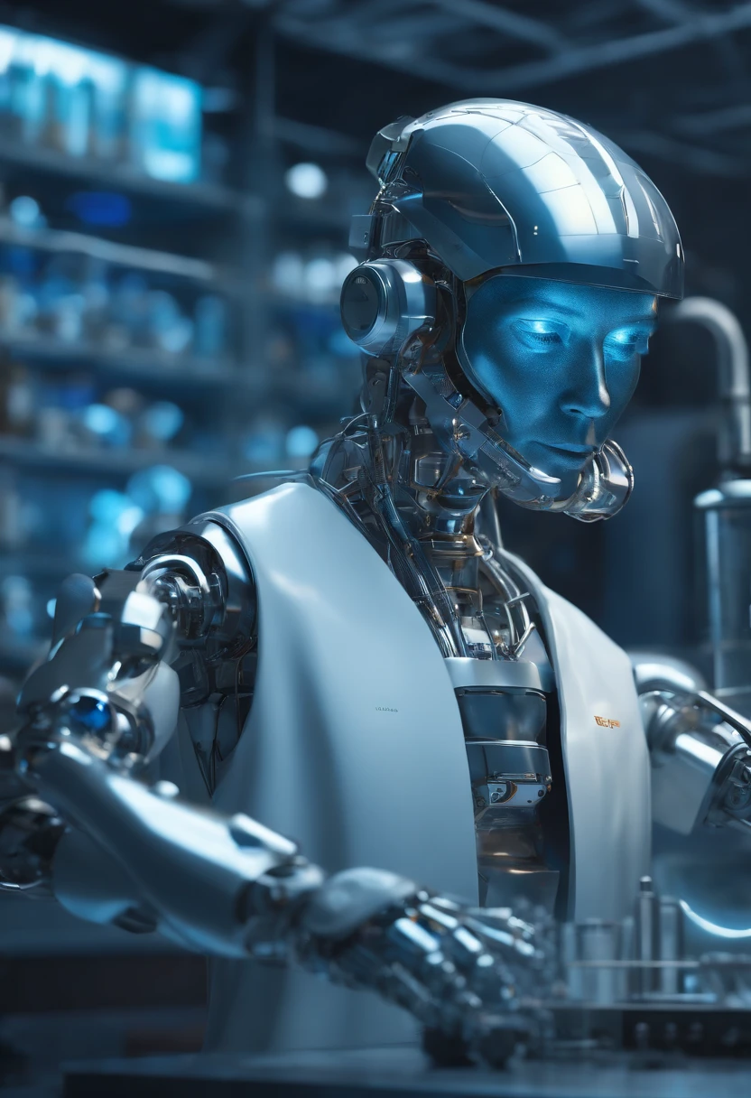 a robot chemist with a blue tones background,(best quality,4k,8k,highres,masterpiece:1.2),ultra-detailed,realistic,photorealistic:1.37,stainless steel,glowing blue lights,advanced laboratory equipment and tools,precise chemical reactions,sparkling liquids,explosive chemical compounds,creative experiments,striking contrast,high-tech atmosphere,scientific research,powerful computing capabilities,meticulous attention to detail,clean and sleek design,innovative and futuristic concept,highlighted shadows,colorful test tubes,eye-catching compositions,scientists in lab coats,expressionless metallic face,mechanical arms and hands,scientific precision and accuracy,metallic sound effects,molecular structures in the background,emerging smoke and steam,subtle reflections and refractions,experimental successes and failures,brilliant flashes of light,energetic and dynamic movements,blueprints and formulas on display,exploring the unknown frontiers of chemistry
