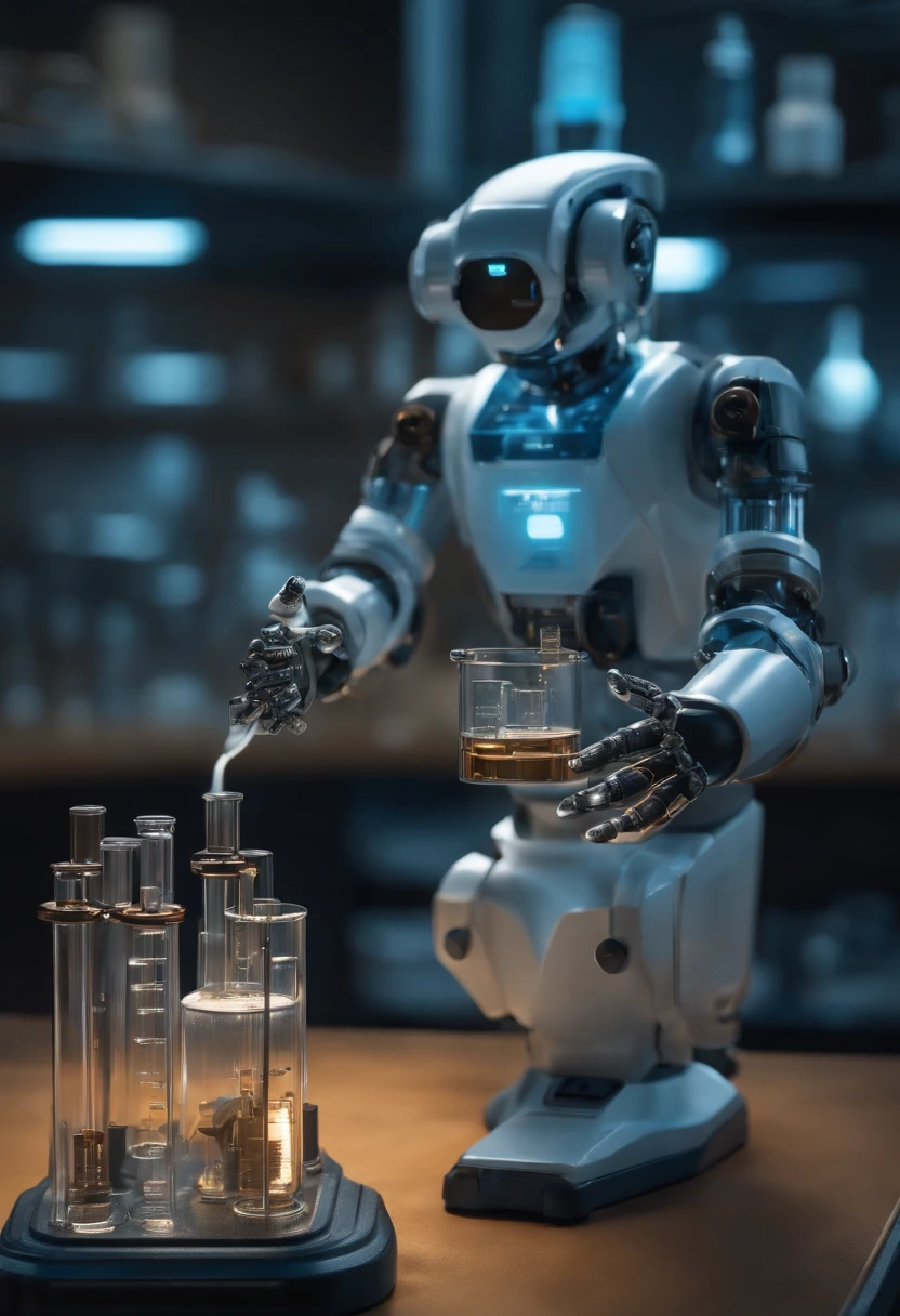 a robot chemist with a blue tones background,(best quality,4k,8k,highres,masterpiece:1.2),ultra-detailed,realistic,photorealistic:1.37,stainless steel,glowing blue lights,advanced laboratory equipment and tools,precise chemical reactions,sparkling liquids,explosive chemical compounds,creative experiments,striking contrast,high-tech atmosphere,scientific research,powerful computing capabilities,meticulous attention to detail,clean and sleek design,innovative and futuristic concept,highlighted shadows,colorful test tubes,eye-catching compositions,scientists in lab coats,expressionless metallic face,mechanical arms and hands,scientific precision and accuracy,metallic sound effects,molecular structures in the background,emerging smoke and steam,subtle reflections and refractions,experimental successes and failures,brilliant flashes of light,energetic and dynamic movements,blueprints and formulas on display,exploring the unknown frontiers of chemistry