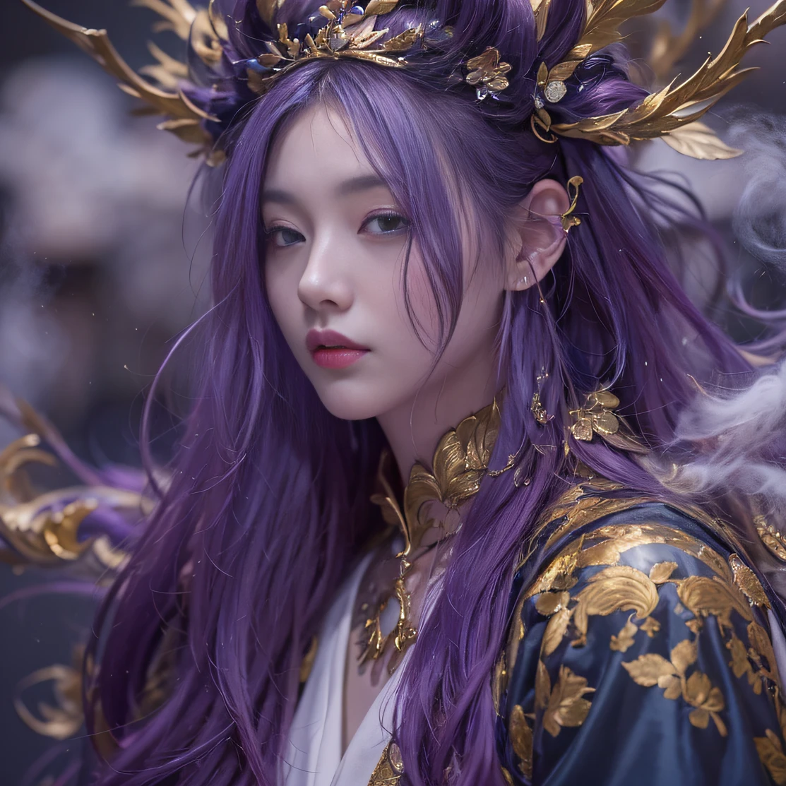Blood Girl 32K(tmasterpiece,k hd,hyper HD,32K)Long flowing bright purple hair,blood pond,zydink, a color,Silent (Post-halo), (Old blue and white scarf), Combat posture, looking at the ground, long whitr hair, Floating bright purple, Fire cloud pattern gold tiara, Chinese long-sleeved gold silk garment, (Abstract metaverse splash:1.2), white backgrounid,Lotus vitality protector(realisticlying:1.4),Bright purple hair,Smoke on the road,The background is pure, A high resolution, the detail, RAW photogr, Sharp Re, Nikon D850 Film Stock Photo by Jefferies Lee 4 Kodak Portra 400 Camera F1.6 shots, Rich colors, ultra-realistic vivid textures, Dramatic lighting, Unreal Engine Art Station Trend, cinestir 800,A girl with long flowing bright purple hair