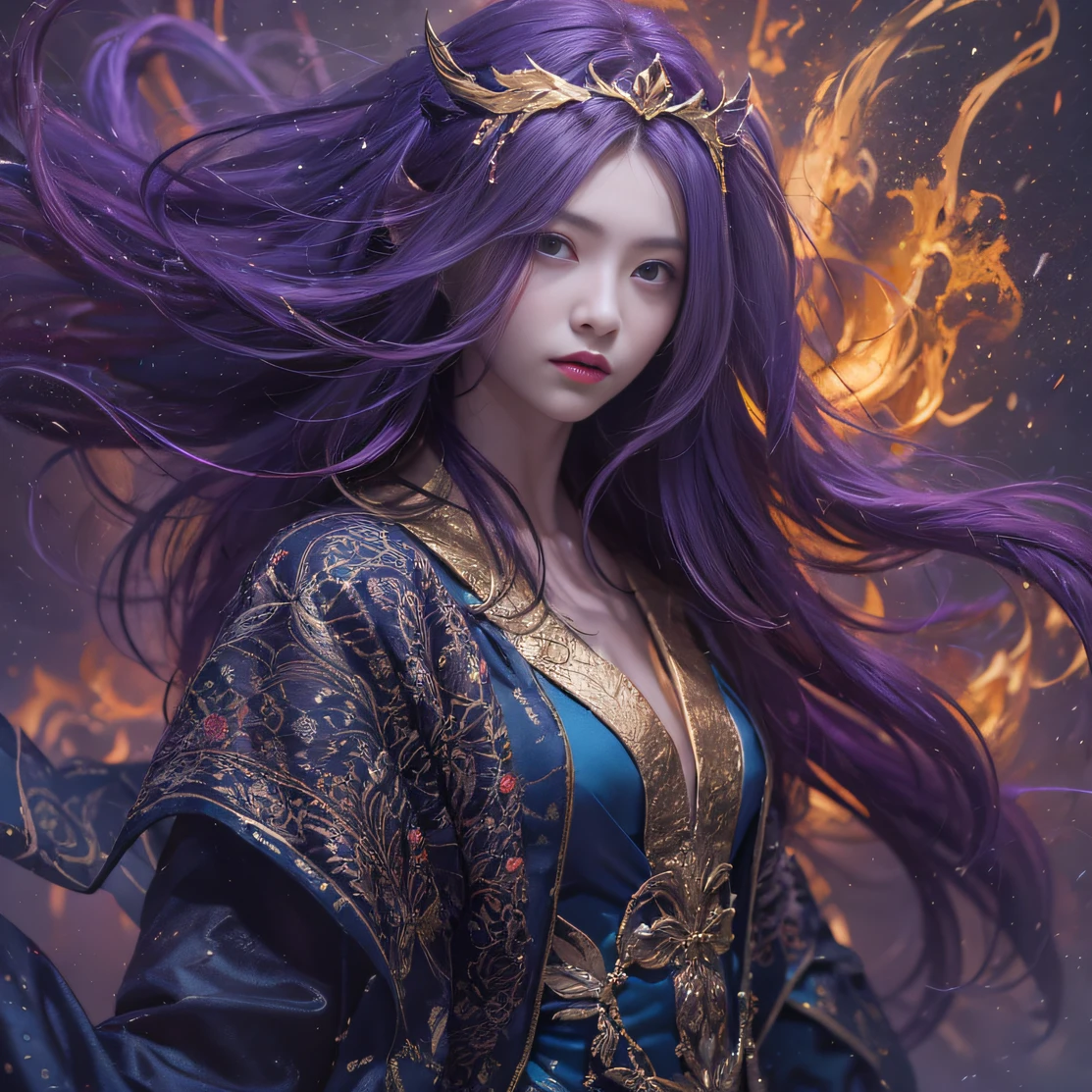 Blood Girl 32K(tmasterpiece,k hd,hyper HD,32K)Long flowing bright purple hair,blood pond,zydink, a color,Silent (Post-halo), (Old blue and white scarf), Combat posture, looking at the ground, long whitr hair, Floating bright purple, Fire cloud pattern gold tiara, Chinese long-sleeved gold silk garment, (Abstract metaverse splash:1.2), white backgrounid,Lotus vitality protector(realisticlying:1.4),Bright purple hair,Smoke on the road,The background is pure, A high resolution, the detail, RAW photogr, Sharp Re, Nikon D850 Film Stock Photo by Jefferies Lee 4 Kodak Portra 400 Camera F1.6 shots, Rich colors, ultra-realistic vivid textures, Dramatic lighting, Unreal Engine Art Station Trend, cinestir 800,A girl with long flowing bright purple hair