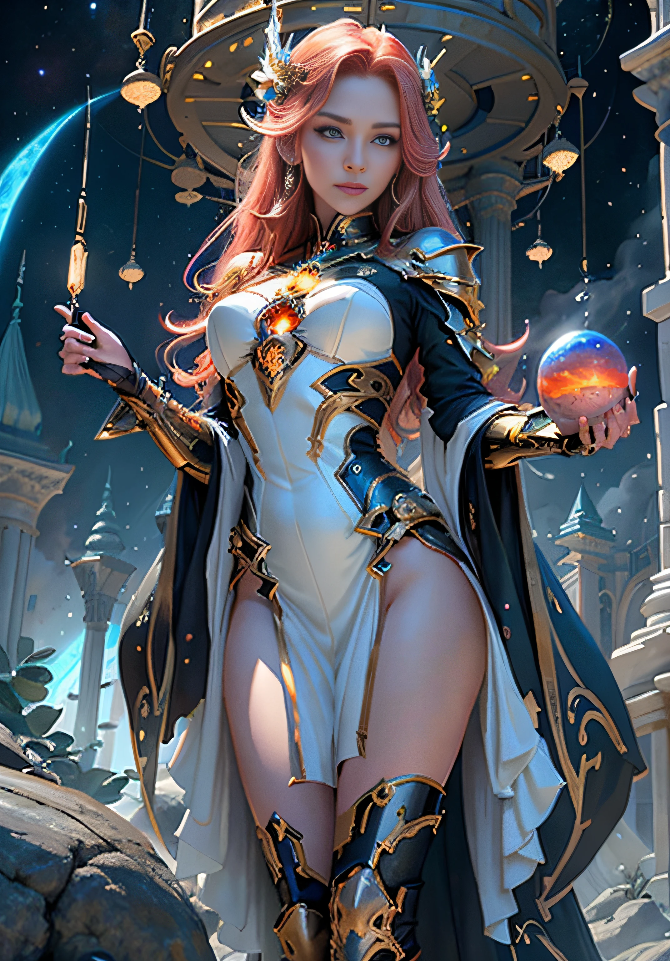 1girll, 8K quality，full bodyesbian, Mage style, Sexy goddess，The facial features are delicate and beautiful，Red long-haired，Fairy stick in hand，wands，Stand high，der riese，Architectural view of the ancient castle，blueglow，dark stormy clouds，Sky spaceship，Multiple planets，The setting sun burns the clouds，Jupiter，Mards，Tornado，Flaming，Goddess Mage，Large bearings，Stone dragon wall，Full of gold treasures，Gold and silver jewelry，Ultra-futuristic spaceship combat vehicle。