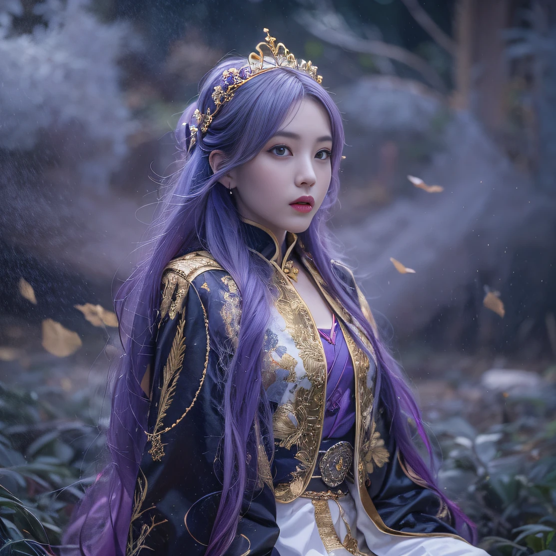 Blood Girl 32K(tmasterpiece,k hd,hyper HD,32K)Long flowing bright purple hair,blood pond,zydink, a color,Silent (Post-halo), (Old blue and white scarf), Combat posture, looking at the ground, long whitr hair, Floating bright purple, Fire cloud pattern gold tiara, Chinese long-sleeved gold silk garment, (Abstract metaverse splash:1.2), white backgrounid,Lotus vitality protector(realisticlying:1.4),Bright purple hair,Smoke on the road,The background is pure, A high resolution, the detail, RAW photogr, Sharp Re, Nikon D850 Film Stock Photo by Jefferies Lee 4 Kodak Portra 400 Camera F1.6 shots, Rich colors, ultra-realistic vivid textures, Dramatic lighting, Unreal Engine Art Station Trend, cinestir 800,A girl with long flowing bright purple hair