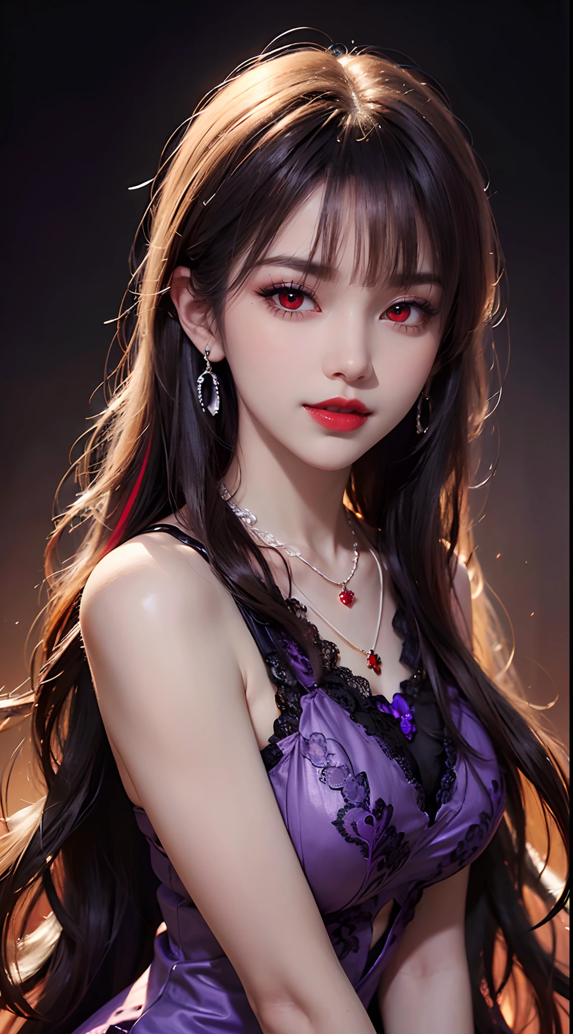 A beautiful and sexy 20 year old girl, wearing a super thin red dress, ((long hair and seven-colored bangs:1.6)), the most detailed jewelry and beautiful hair, ((wears purple lace necklace:1.6) )), Super cute small face, very pretty face, thin eyebrows, flawless beautiful face, ((black eye pupil: 0.8)), very beautiful eyes, ((red eyes pale:1.5)), beautiful makeup and detailed eyelashes, steamy eye makeup, high nose, earrings, red lips, ((closed mouth:1;5 )) beautiful lips, slim hands, most beautiful thighs, ((arms spread out to the sides: 1.5)), rosy face, clean face, flawless beautiful face, smooth white skin, (big breasts: 1.5)), ((high breasts: 1.6)), Breasts plump, beautiful cleavage, ((big and super round breasts: 1.8))), ((super tight breasts: 1.5)), beautiful breasts, back arms, beautiful girl's upper body, 8k photo, quality super high, hyper realistic, 10x super pixel, photorealistic, dark studio, light edges, two-tone bright, (high detail skin:1.2), super 8k, soft light, high quality, lighting volumetric, realistic, Photo, high resolution, light, best photo, 4k, 8k quality, blur effect, Smooth and sharp, 10 x pixels, (galaxy: 1.7), aurora, lightning, surreal graphics, most realistic graphics, alone, solo, Extremely sharp, surreal images, (((frontal portrait:1.3)))."