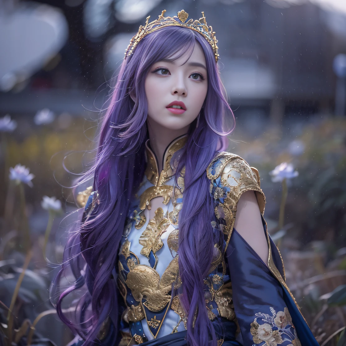 Blood Girl 32K（tmasterpiece，k hd，hyper HD，32K）Long flowing bright purple hair，blood pond，zydink， a color，Silent （Post-halo）， （Old blue and white scarf）， Combat posture， looking at the ground， long whitr hair， Floating bright purple， Fire cloud pattern gold tiara， Chinese long-sleeved gold silk garment， （Abstract metaverse splash：1.2）， white backgrounid，Lotus vitality protector（realisticlying：1.4），Bright purple hair，Smoke on the road，The background is pure， A high resolution， the detail， RAW photogr， Sharp Re， Nikon D850 Film Stock Photo by Jefferies Lee 4 Kodak Portra 400 Camera F1.6 shots, Rich colors, ultra-realistic vivid textures, Dramatic lighting, Unreal Engine Art Station Trend, cinestir 800，A girl with long flowing bright purple hair