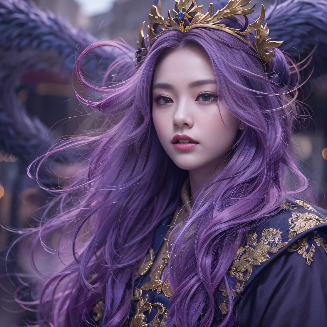 Blood Girl 32K（tmasterpiece，k hd，hyper HD，32K）Long flowing bright purple hair，blood pond，zydink， a color，Silent （Post-halo）， （Old blue and white scarf）， Combat posture， looking at the ground， long whitr hair， Floating bright purple， Fire cloud pattern gold tiara， Chinese long-sleeved gold silk garment， （Abstract metaverse splash：1.2）， white backgrounid，Lotus vitality protector（realisticlying：1.4），Bright purple hair，Smoke on the road，The background is pure， A high resolution， the detail， RAW photogr， Sharp Re， Nikon D850 Film Stock Photo by Jefferies Lee 4 Kodak Portra 400 Camera F1.6 shots, Rich colors, ultra-realistic vivid textures, Dramatic lighting, Unreal Engine Art Station Trend, cinestir 800，A girl with long flowing bright purple hair