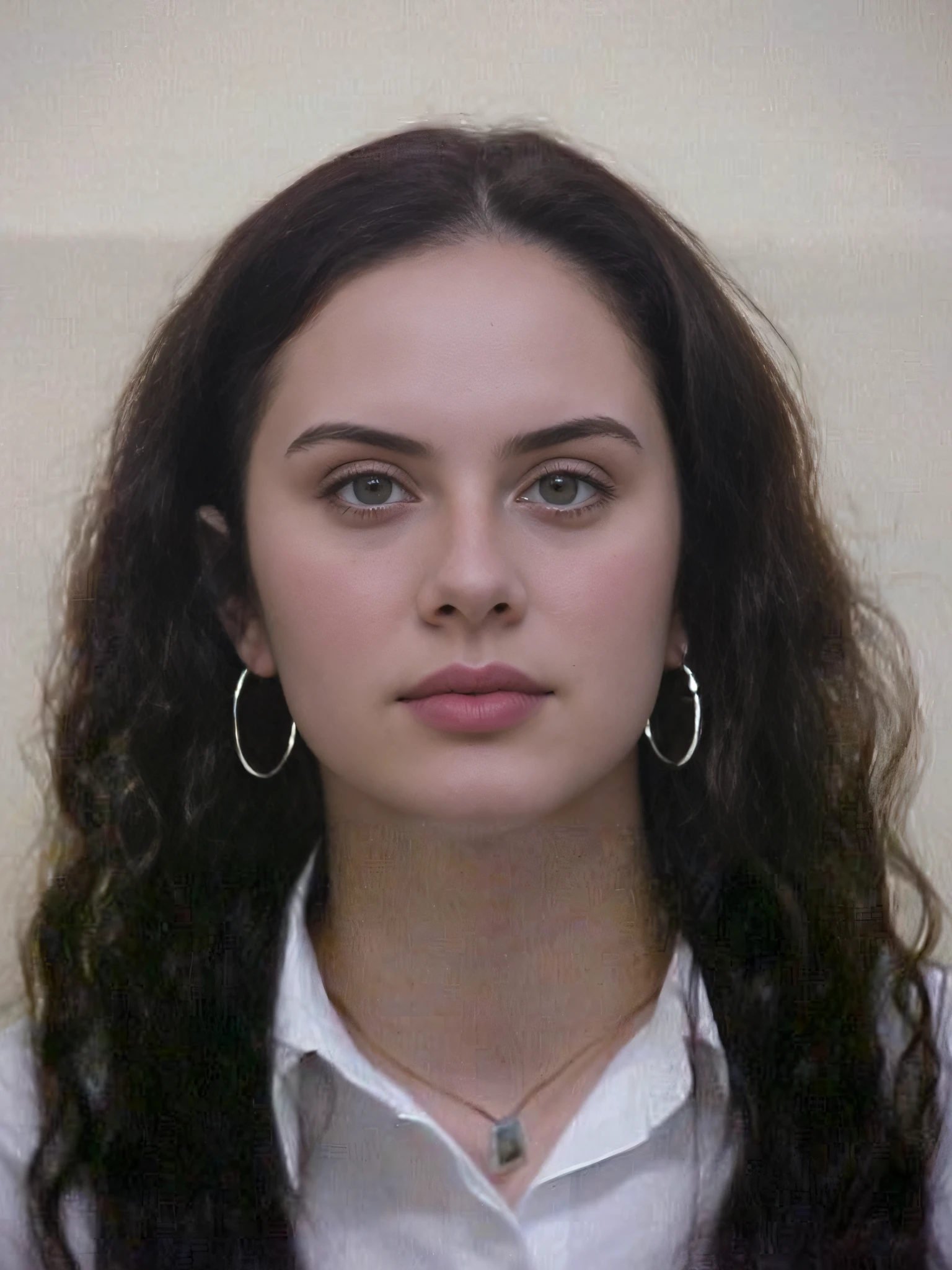 mulher 18 anos arafed com cabelo longo cabelos cacheados e brincos, olhos azuis bem delineados, em uma camisa branca, foto da mulher jovem, rosto bem iluminado, foto ultrarealista, 8K, Anastasia Ovchinnikova, 18 anos, 18-year-old girl, caneca, tiradas em meados dos anos 2000, Viktoria Gavrilenko, sem maquiagem, Kaitlyn Michelle Siragusa, mulher nova com cabelo escuro longo, Foto
