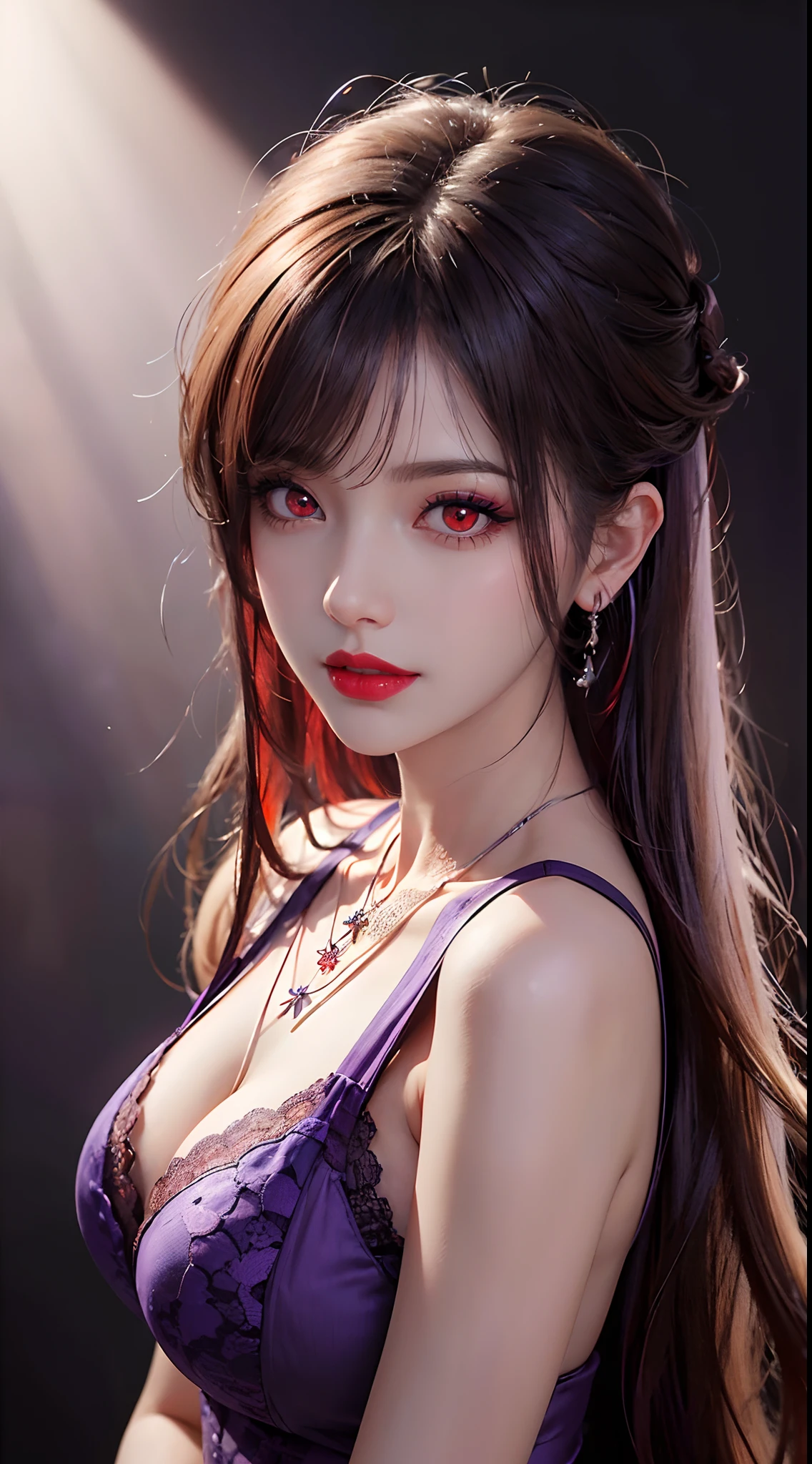 A beautiful and sexy 20 year old girl, wearing a super thin red dress, ((long hair and seven-colored bangs:1.6)), the most detailed jewelry and beautiful hair, ((wears purple lace necklace:1.6) )), Super cute small face, very pretty face, thin eyebrows, flawless beautiful face, ((black eye pupil: 0.8)), very beautiful eyes, ((red eyes pale:1.5)), beautiful makeup and detailed eyelashes, steamy eye makeup, high nose, earrings, red lips, ((closed mouth:1;5 )) beautiful lips, slim hands, most beautiful thighs, ((arms spread out to the sides: 1.5)), rosy face, clean face, flawless beautiful face, smooth white skin, (big breasts: 1.5)), ((high breasts: 1.6)), Breasts plump, beautiful cleavage, ((big and super round breasts: 1.8))), ((super tight breasts: 1.5)), beautiful breasts, back arms, beautiful girl's upper body, 8k photo, quality super high, hyper realistic, 10x super pixel, photorealistic, dark studio, light edges, two-tone bright, (high detail skin:1.2), super 8k, soft light, high quality, lighting volumetric, realistic, Photo, high resolution, light, best photo, 4k, 8k quality, blur effect, Smooth and sharp, 10 x pixels, (galaxy: 1.7), aurora, lightning, surreal graphics, most realistic graphics, alone, solo, Extremely sharp, surreal images, (((frontal portrait:1.3)))."