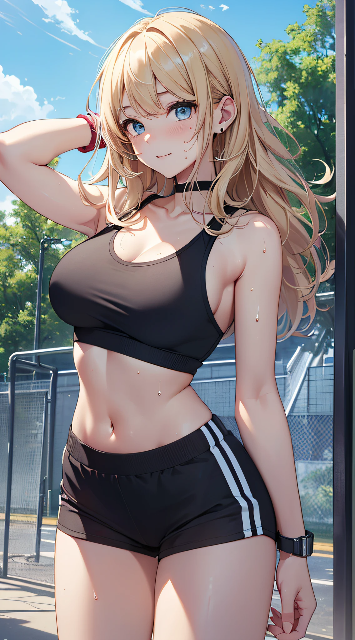1female,25 age old,Large breasts,long leges,Big breasts Thin waist,Pornographic exposure, 独奏,(Background with:ln the forest,the rainforest,in summer) She has long blonde hair,standing on your feet,Sweat profusely,drenched all over the body,seen from the front, curlies, mostly cloudy sky,(((tmasterpiece),(Very detailed CG unity 8K wallpaper),best qualtiy,cinmatic lighting,detailed back ground,beatiful detailed eyes,Bright pupils,(Very fine and beautiful),(Beautiful and detailed eye description),ultra - detailed,tmasterpiece,)),facing at camera,A high resolution,ultra - detailed),revealing breasts,Bare genitalia, Bulge,Camel toes,Raised sexy,Flushed complexion,Open-mouthed,frontage,Japanese high school girl(Wearing:White gym clothes,Pantyhose)nakeness,high-heels
