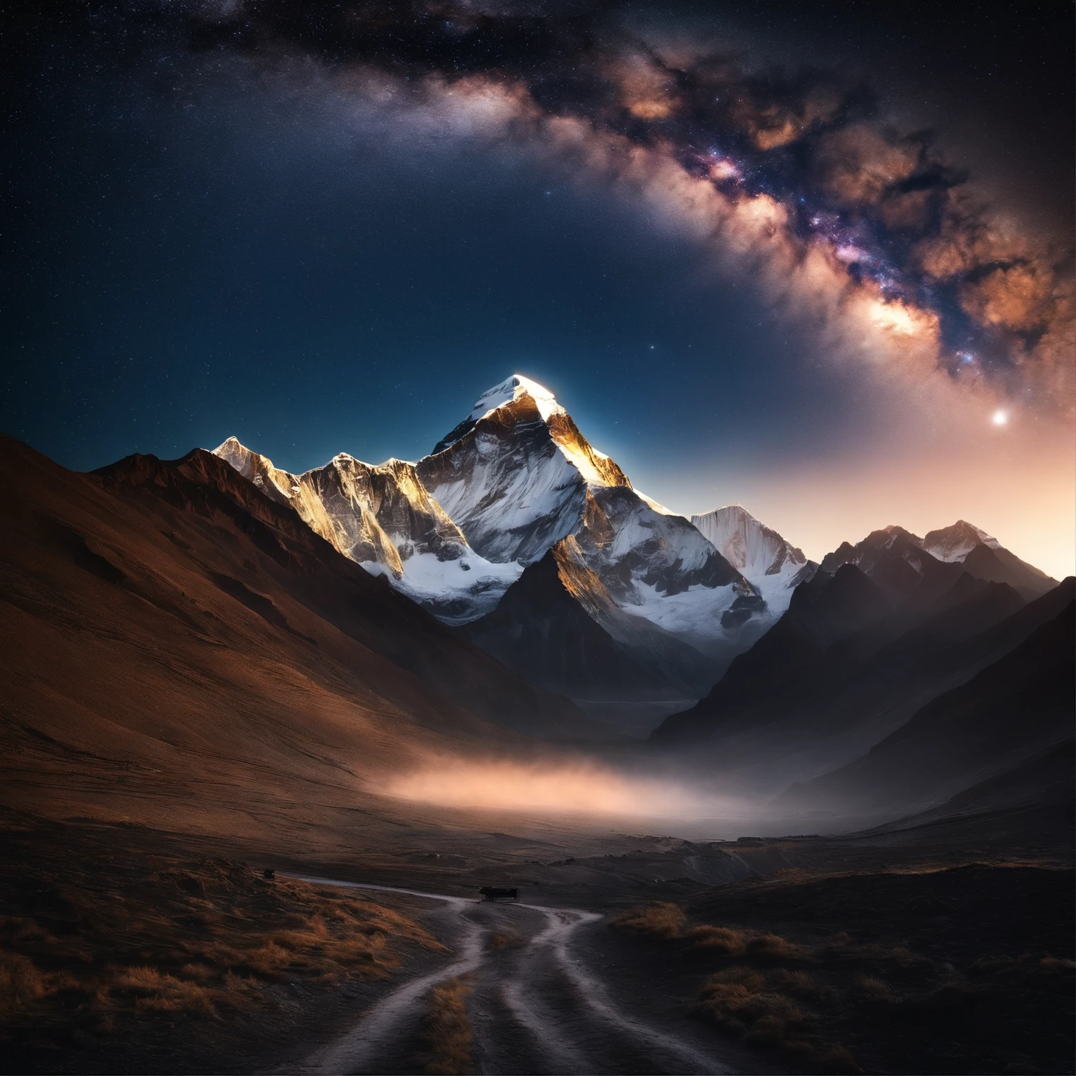 Master Parts、Superior Quality、superior image quality、The 8k quality、Beautiful pictures of the starry sky、magnifica、Arched Milky Way:1.9、Mount Everest、snow mountains