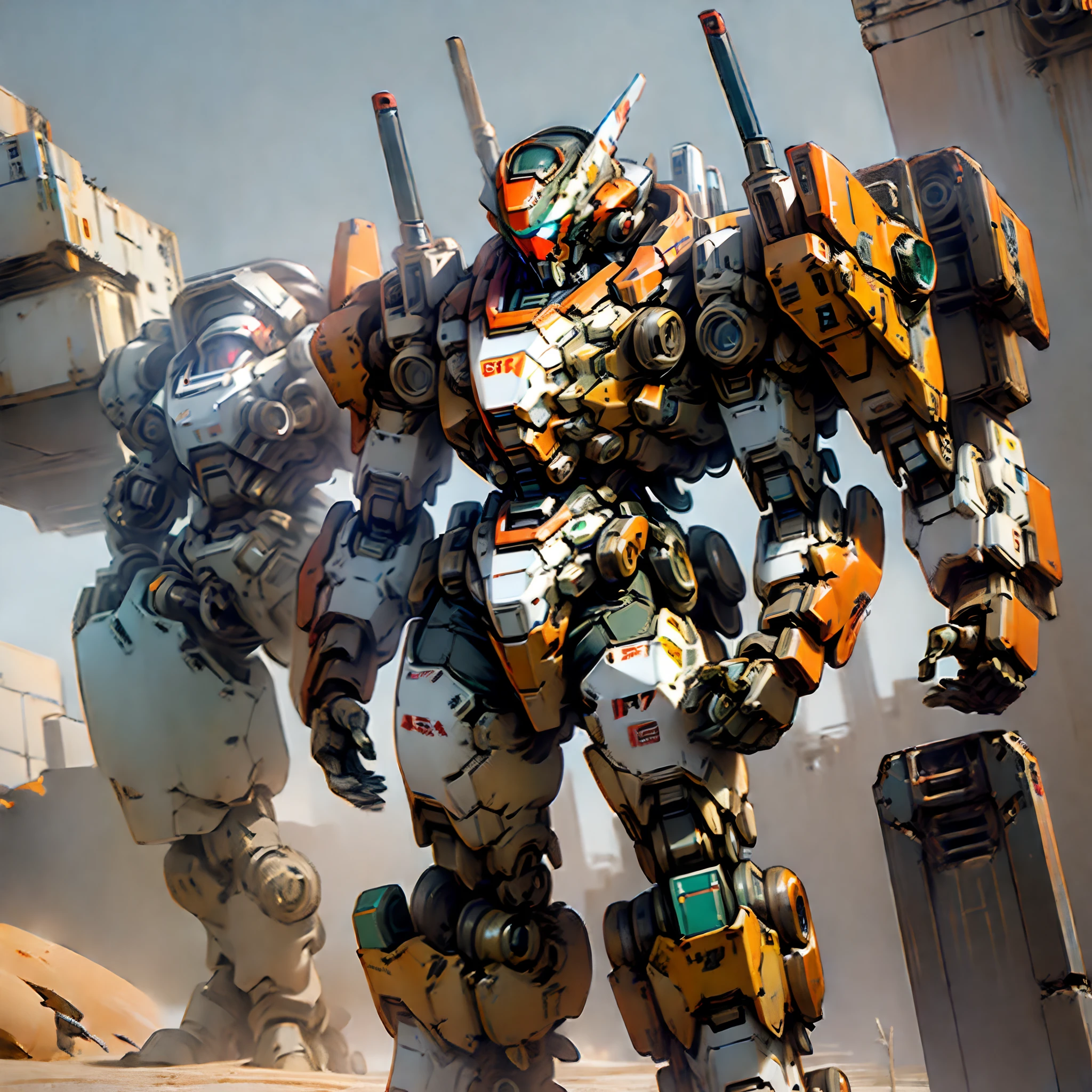 ((Mecha Space, Amored Core 6)), combatendo em um deserto com ruinas, ((corpo inteiro)), mecha estilo jogo titanfall, Gunda pavio