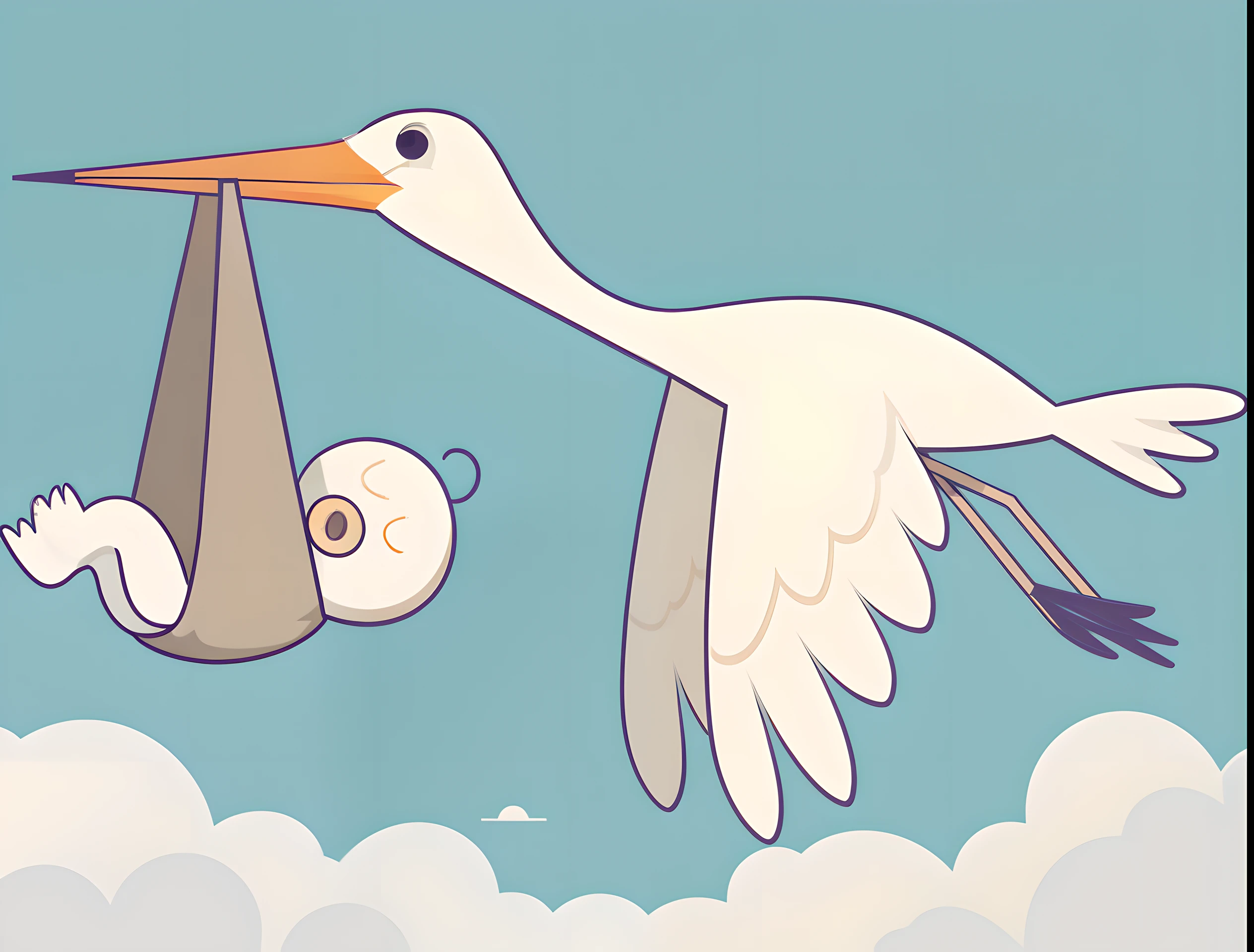 Produce a minimalist 2D vector cartoon of a stork carrying a in a striped mesh bag. Criar o desenho com contornos pretos e sem plano de fundo. Certifique-se de que os recursos de desenho (((detalhes intrincados))) such as the knitting pattern on the bag and the characteristics of the stork. Manter um ((High level of detail quality)) mantendo o design limpo e minimalista. crie um ((simple and charming composition)) which highlights the sweet and timeless image of a stork giving birth to a baby