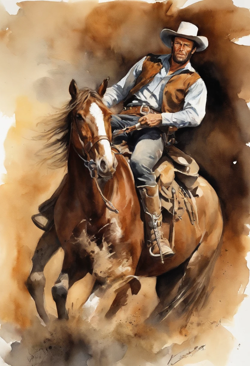 A cowboy (Young Clint Eastwood) (good the bad and the ugly) holding a gun in her hand, ((Angry 1.4)), Riding a running horse, Screaming, Action, The dark side, Mystery , Dark background, pastels, author:Harry Bush, James Montgomery Flagg and Louise Van Barr、Jim French and Roslav, Detailed and realistic eyes, Big barefoot, The crotch is large and raised, Very handsome, Beautiful