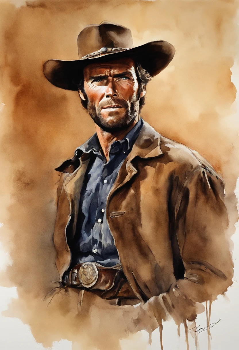 A cowboy (Young Clint Eastwood) (good the bad and the ugly) holding a gun in her hand, ((Angry 1.4)), Riding a running horse, Screaming, Action, The dark side, Mystery , Dark background, pastels, author:Harry Bush, James Montgomery Flagg and Louise Van Barr、Jim French and Roslav, Detailed and realistic eyes, Big barefoot, The crotch is large and raised, Very handsome, Beautiful