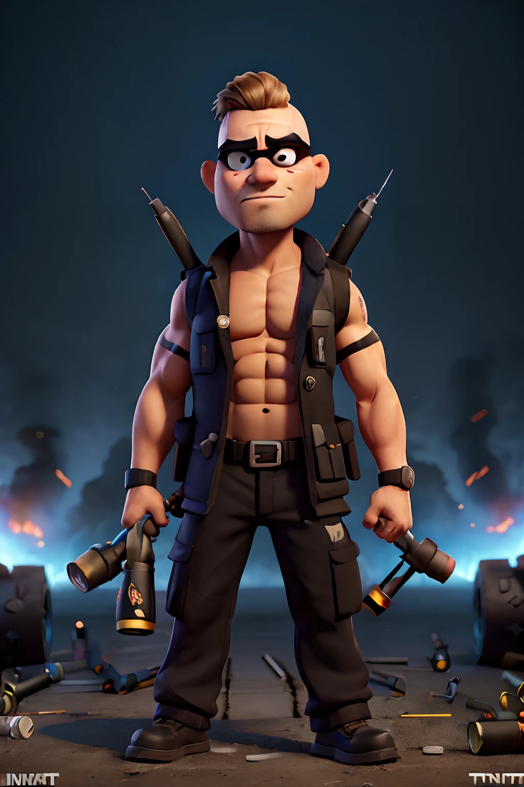 A bald man with (intense expression:1.1) (black eye patch:1.2), holding (TNT dynamite :1.5) sticks in his hands. He is wearing a (military vest:1.1) and has a naked torso, revealing his (muscular build:1.1). The (TNT dynamite :1.25) are attached to the ((military vest)), making him resemble a (Crazy Ivan:1.1), a notorious (bomber man:1.1) from Russia. The man exudes an aura of danger, ready to (ignite:0.9) chaos and destruction. The lighting casts dramatic shadows, emphasizing his menacing presence. The colors are (dark and intense:1.1), adding to the sense of foreboding.