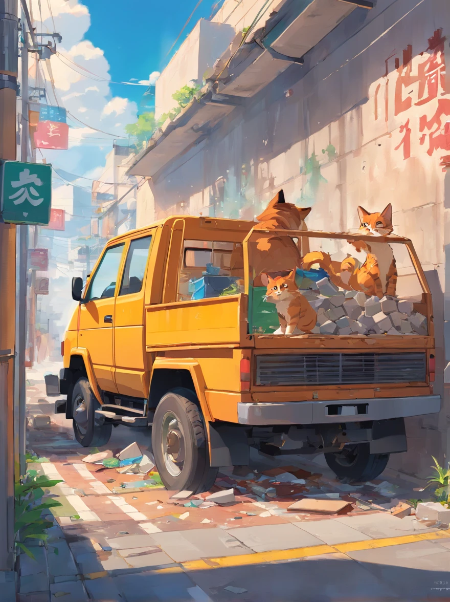 ((Crash into a wall))、Truck hits wall、Cat driving a truck、Futebutesi、malicious、Fat cat,Chang'an China, Art Nouveau illustration, Detailed sky, China Punk, Descriptive narrative, Solarization Master, quito school, Visual poetry