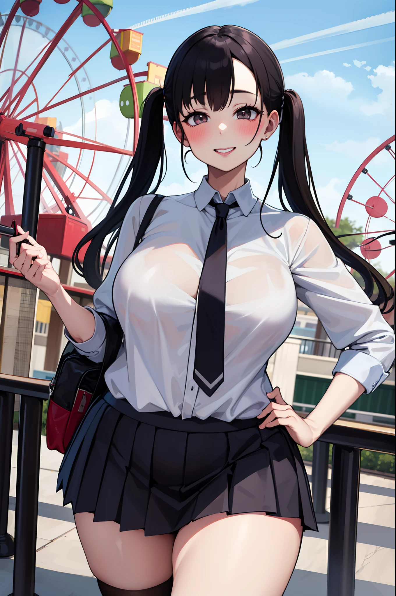 ​masterpiece, top-quality,, Curvaceous, 独奏 、Wide waist, s lips,、,a miniskirt、ssmile、hi-school girl、A dark-haired、long twintails、An amusement park、the Ferris wheel、blouse、neck tie