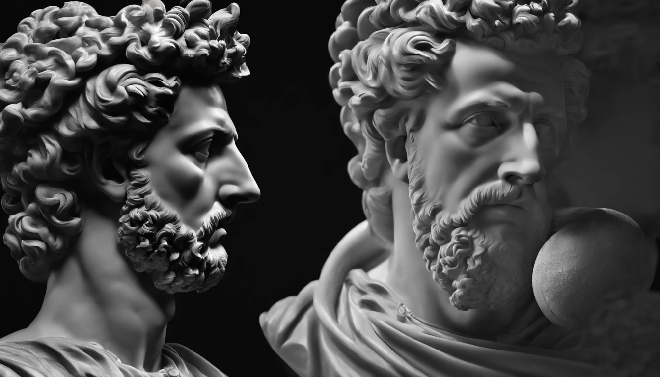 a portrait statue of the stoic Marcus Aurelius in black and white 4K,Face de lado, papel de parede super realista, Corpo, forte, barriga forte, musculoso