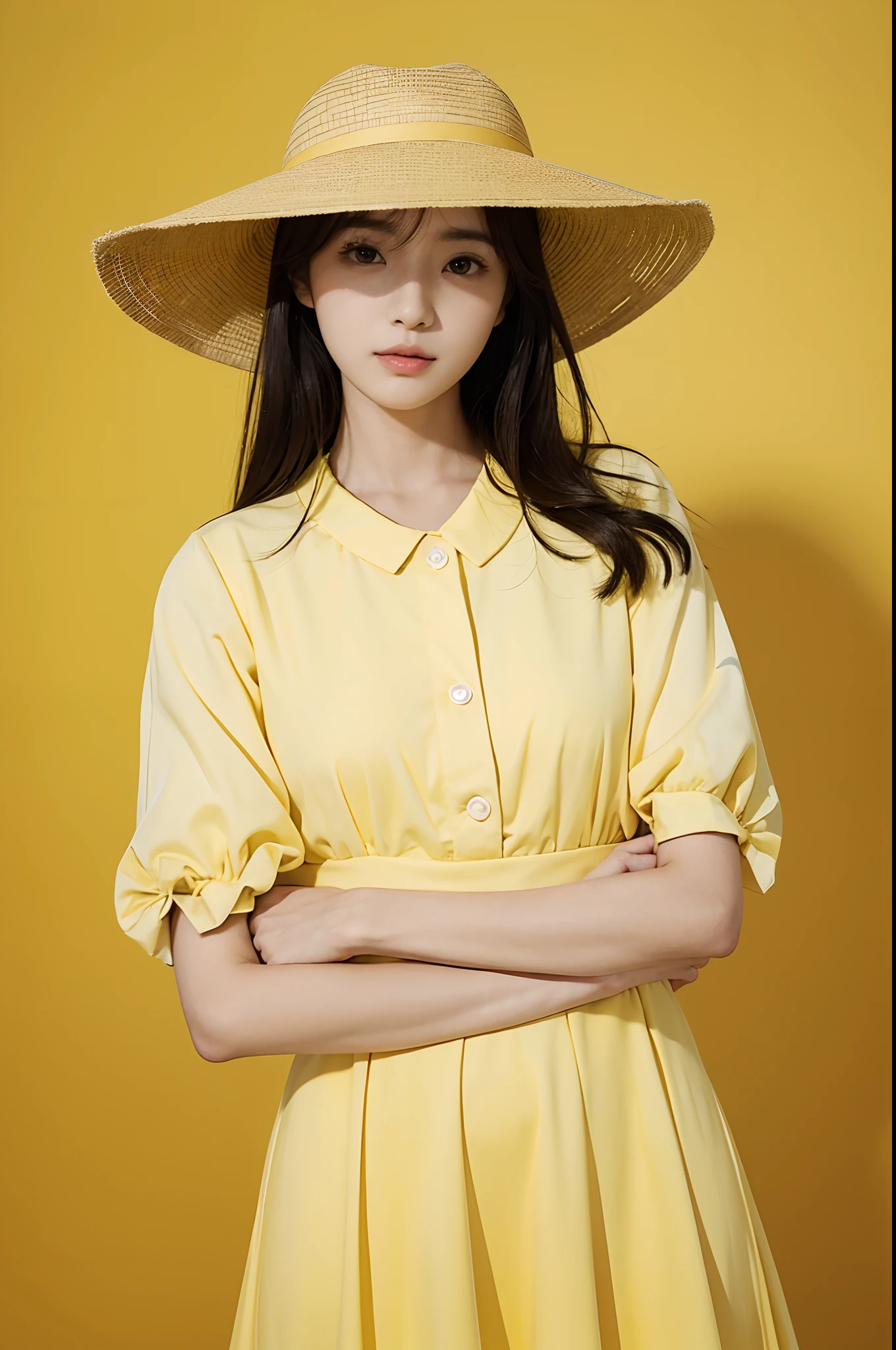 araffe woman in a yellow hat posing for a picture, official artwork, chiho, aoshima chiho, promo art, jaeyeon nam, sakimichan, album art, aya takano color style, artstyle hiraku tanaka, yellow backdrop, promo still, promo shot, colorful photo, official art, yasumoto oka
