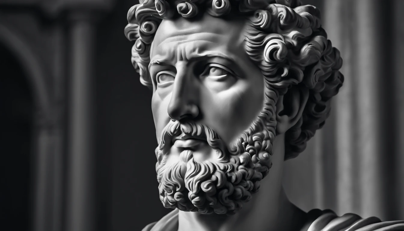a portrait statue of the stoic Marcus Aurelius in black and white 4K,Face de lado, papel de parede super realista, Homem forte sem camisa