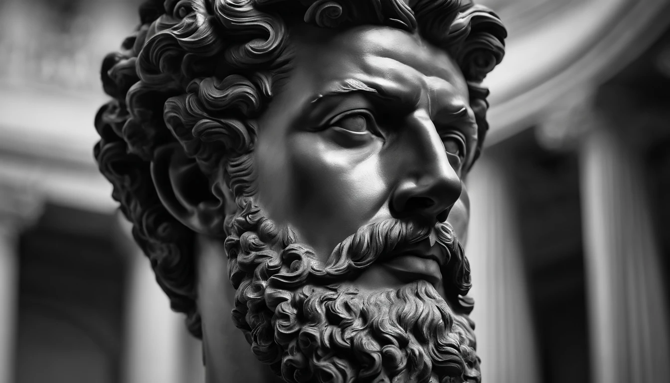 a portrait statue of the stoic Marcus Aurelius in black and white 4K,Face de lado, papel de parede super realista, Homem forte sem camisa