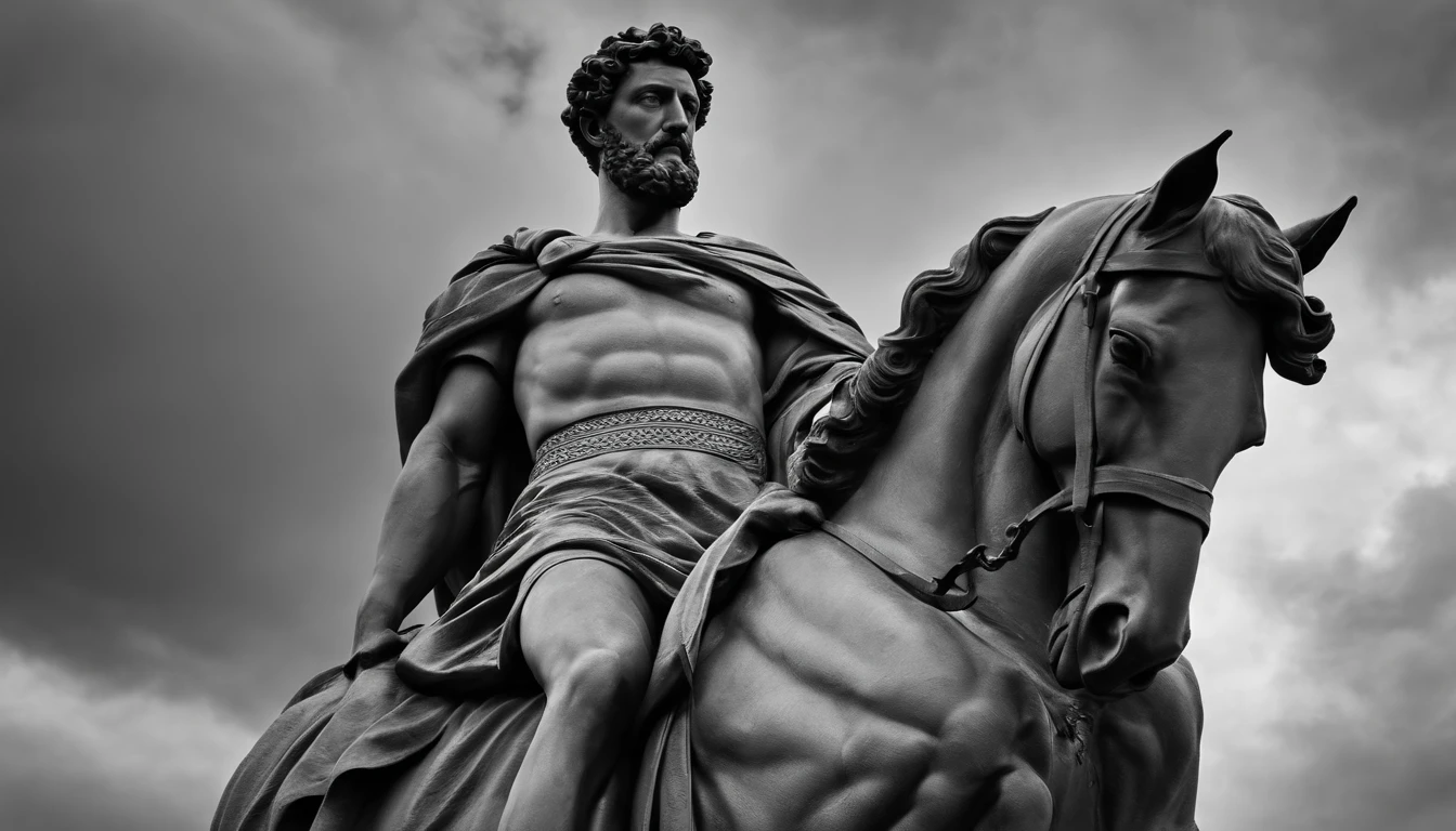 a portrait statue of the stoic Marcus Aurelius in black and white 4K,Face de lado, papel de parede super realista, Homem forte sem camisa
