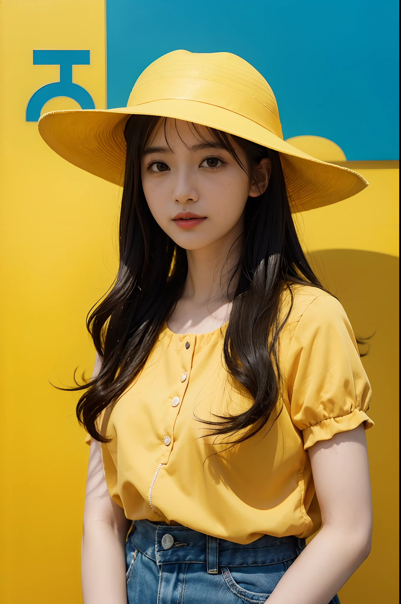 araffe woman in a yellow hat posing for a picture, official artwork, chiho, aoshima chiho, promo art, jaeyeon nam, sakimichan, album art, aya takano color style, artstyle hiraku tanaka, yellow backdrop, promo still, promo shot, colorful photo, official art, yasumoto oka