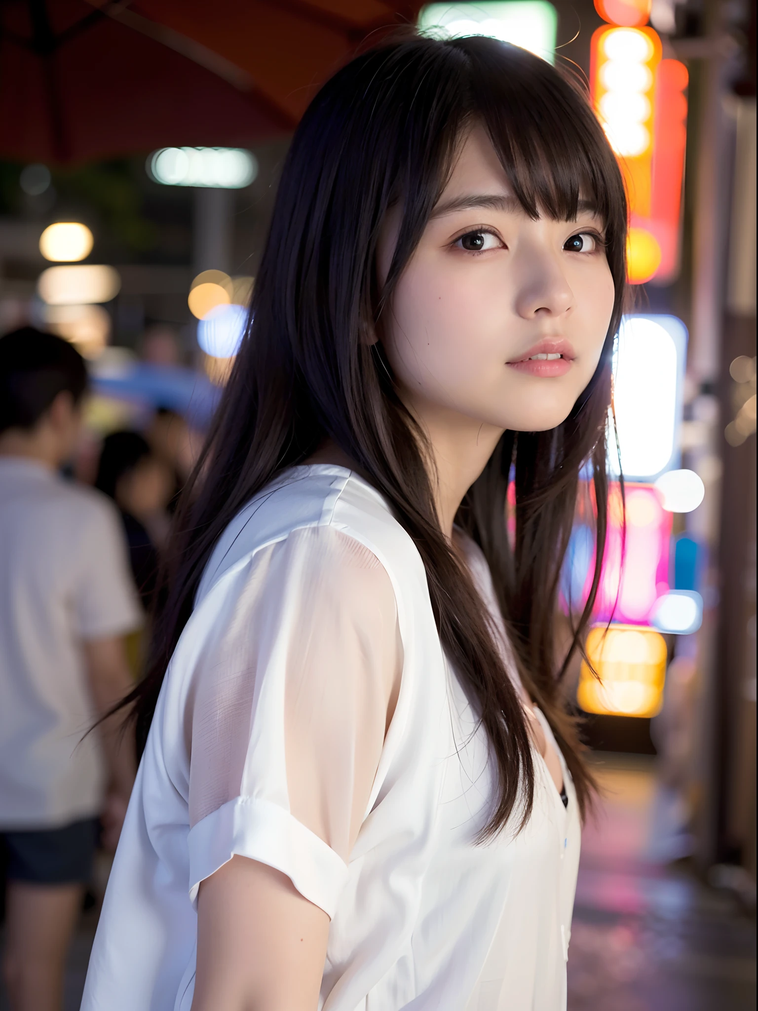 女の子1人、on tokyo street、A city scape、night cityscape、Neon Street、Rain at night、Rain-drenched body、The upper part of the body、a closeup、A smile、、(8K、Raw photography、top-quality、​masterpiece:1.2)、(realisitic、photoRealstic:1.37)、Highly detailed eyelash drawing、Sateen、Japan student、Bra white shirt looks wet and see-through in the rain、(((Top image quality))),Small、Fine skin, (Beautiful hair), (Perfect Anatomy), (Realistic), (Dynamic Angle), Pose Seductive,Perfect,Sensual look、top-quality、hight resolution、