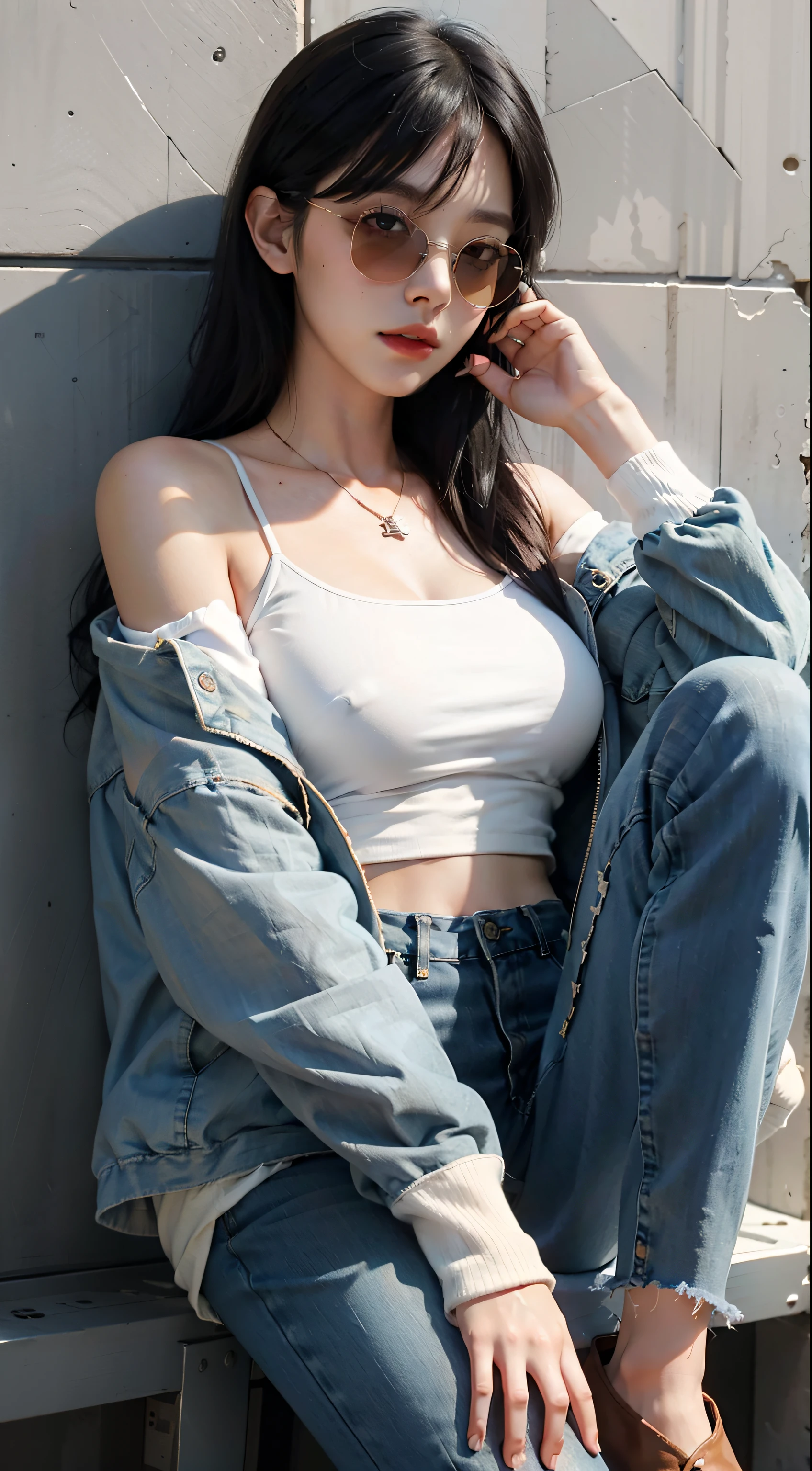 young woman black bangs hair, look at viewer, wearing sunglasses, sexy face expression, kawai, pov, 24 years old, bright eye, pastel art, bare shoulder, jacket, legs up, long wreaked jeans, high detail eyes make up, necklace, stand beside wall, sunlight, dinamic light, cute detailed digital art, exquisite digital, highly detailed digital painting, cgsociety, ultrarealistic