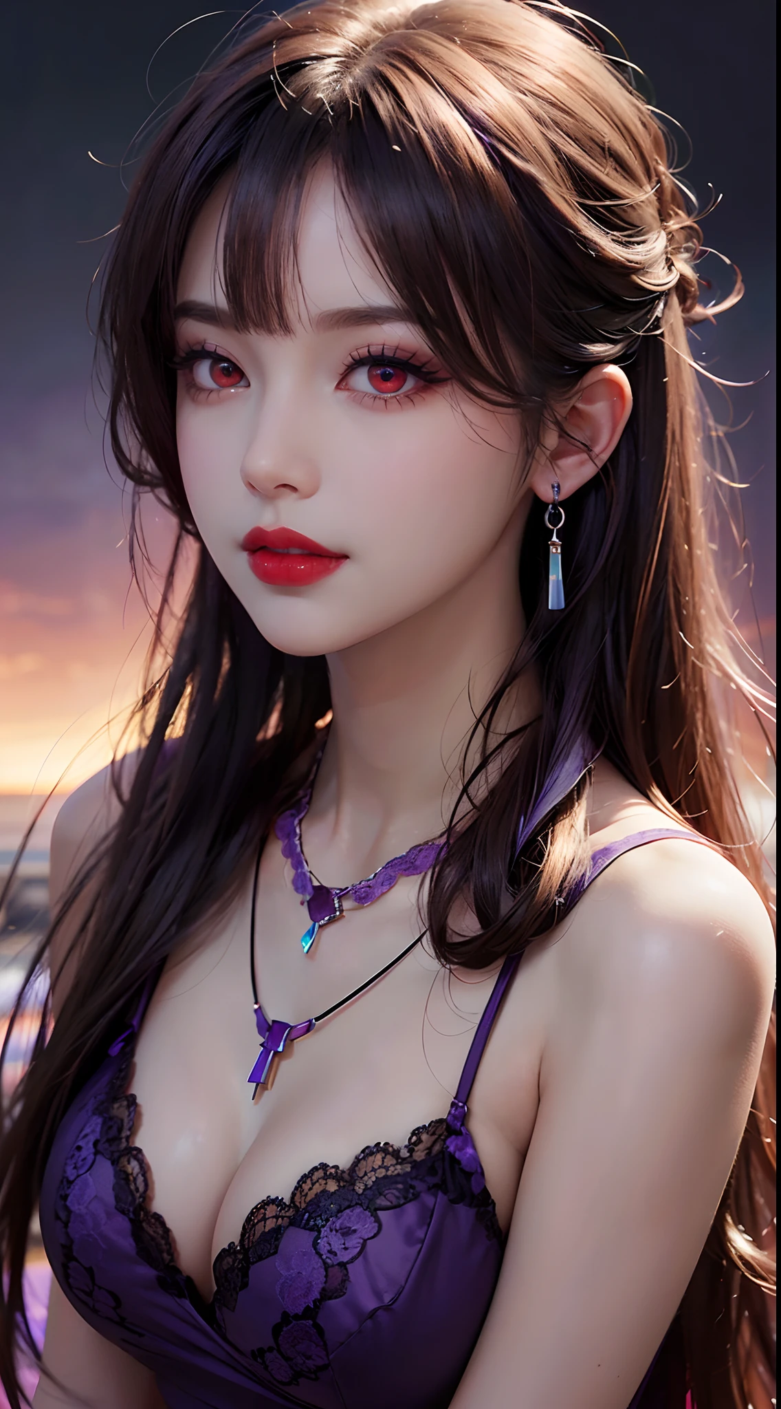 A beautiful and sexy 20 year old girl, wearing a super thin red dress, ((long hair and seven-colored bangs:1.6)), the most detailed jewelry and beautiful hair, ((wears purple lace necklace:1.6) )), Super cute small face, very pretty face, thin eyebrows, flawless beautiful face, ((black eye pupil: 0.8)), very beautiful eyes, ((red eyes pale:1.5)), beautiful makeup and detailed eyelashes, steamy eye makeup, high nose, earrings, red lips, ((closed mouth:1;5 )) beautiful lips, slim hands, most beautiful thighs, ((arms spread out to the sides: 1.5)), rosy face, clean face, flawless beautiful face, smooth white skin, (big breasts: 1.5)), ((high breasts: 1.6)), Breasts plump, beautiful cleavage, ((big and super round breasts: 1.8))), ((super tight breasts: 1.5)), beautiful breasts, back arms, beautiful girl's upper body, 8k photo, quality super high, hyper realistic, 10x super pixel, photorealistic, dark studio, light edges, two-tone bright, (high detail skin:1.2), super 8k, soft light, high quality, lighting volumetric, realistic, Photo, high resolution, light, best photo, 4k, 8k quality, blur effect, Smooth and sharp, 10 x pixels, (galaxy: 1.7), aurora, lightning, surreal graphics, most realistic graphics, alone, solo, Extremely sharp, surreal images, (((frontal portrait:1.3)))."