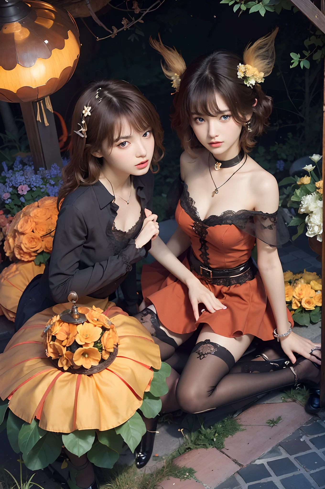 primitive,, (((Two girls,duo,stroking))),Nikon Z 85mm, award-winning glamorous photography,((Best quality)), ((Masterpiece)), ((Realistic)), 18th century, Vintage image, Beautiful French woman wears, Lace dress, Wearing a crown, 25 years, (Long brown hair), Brown eyes, (Large breasts), Sitting outside a café in fantastical world,((Small breasts)), Innocent, Flower pedal in the air, ((freckle)), Intricate details, Highly detailed, Sharp focus, professional, 4K, spring flowers blooming, divine rays, Hand model, stunning blue eyes, small, Delicate, Innocent, high resolution, Detailed facial features, High detail, Sharp focus, smooth, Aesthetic, Extremely detailed, photore_\(Supergianthugebreasts\), Photorealistic, Realistic, Post-processing, Maximum detail, Roughness, Real life, Ultra photo realsisim, Photorealism, Photography, 8K UHD, Photography, light SEMI-SILHOUETTE, russian face