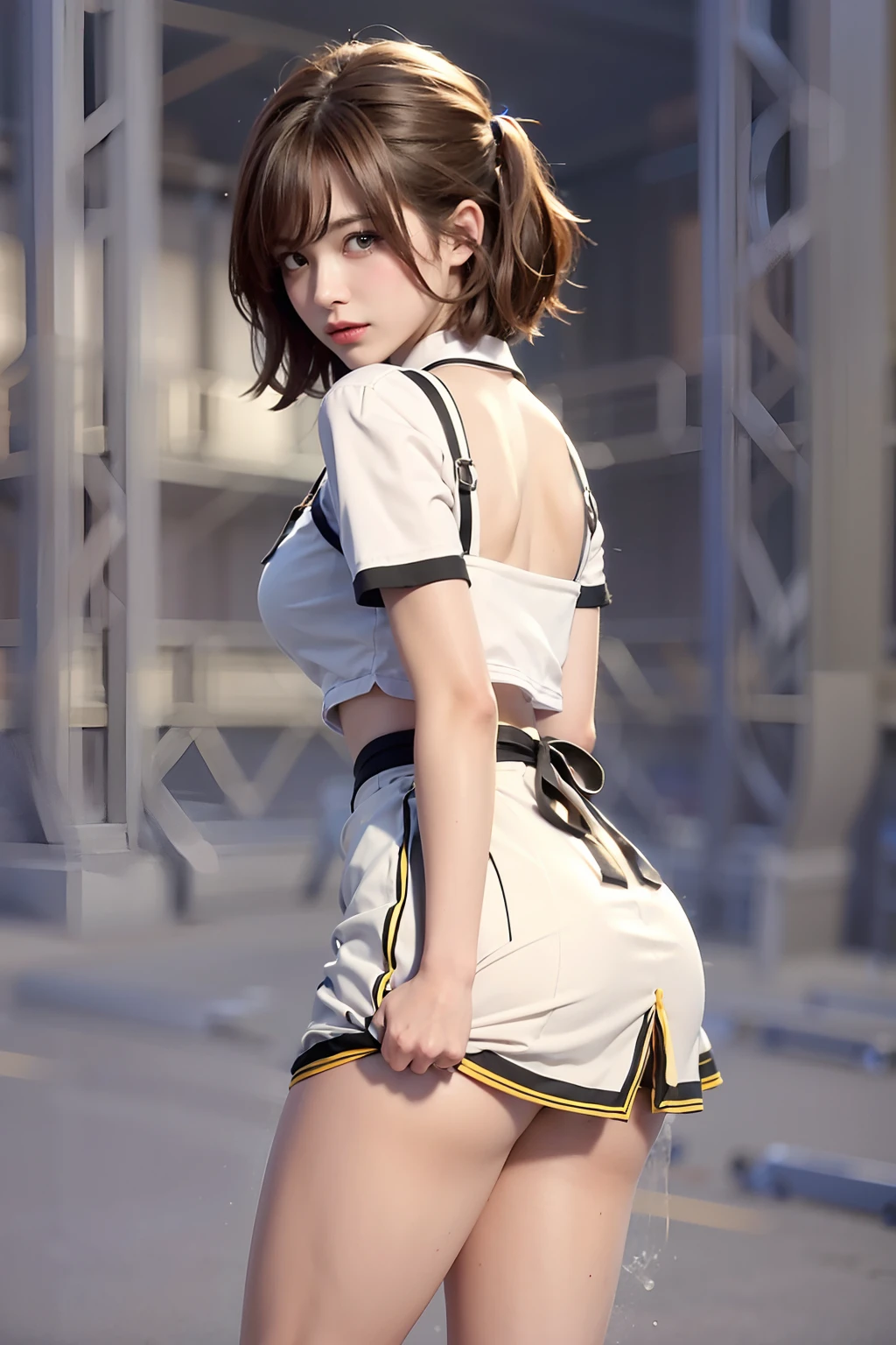 top-quality,​masterpiece, 细致背景,Summer Sea, beautiful a girl, hi-school girl, Medium bob hair,beautiful hair of light brown color,beautiful eyes of light brown, posterior view, Looking back and looking here、 plump big breasts,Constricted waist, Photograph from heel to head、 Open legs, lowfers, illuminated by the sunlight, High School Uniforms, White blouses,pleatedskirt, Photograph the whole body ,frombelow, Camera angle peeking inside the skirt,