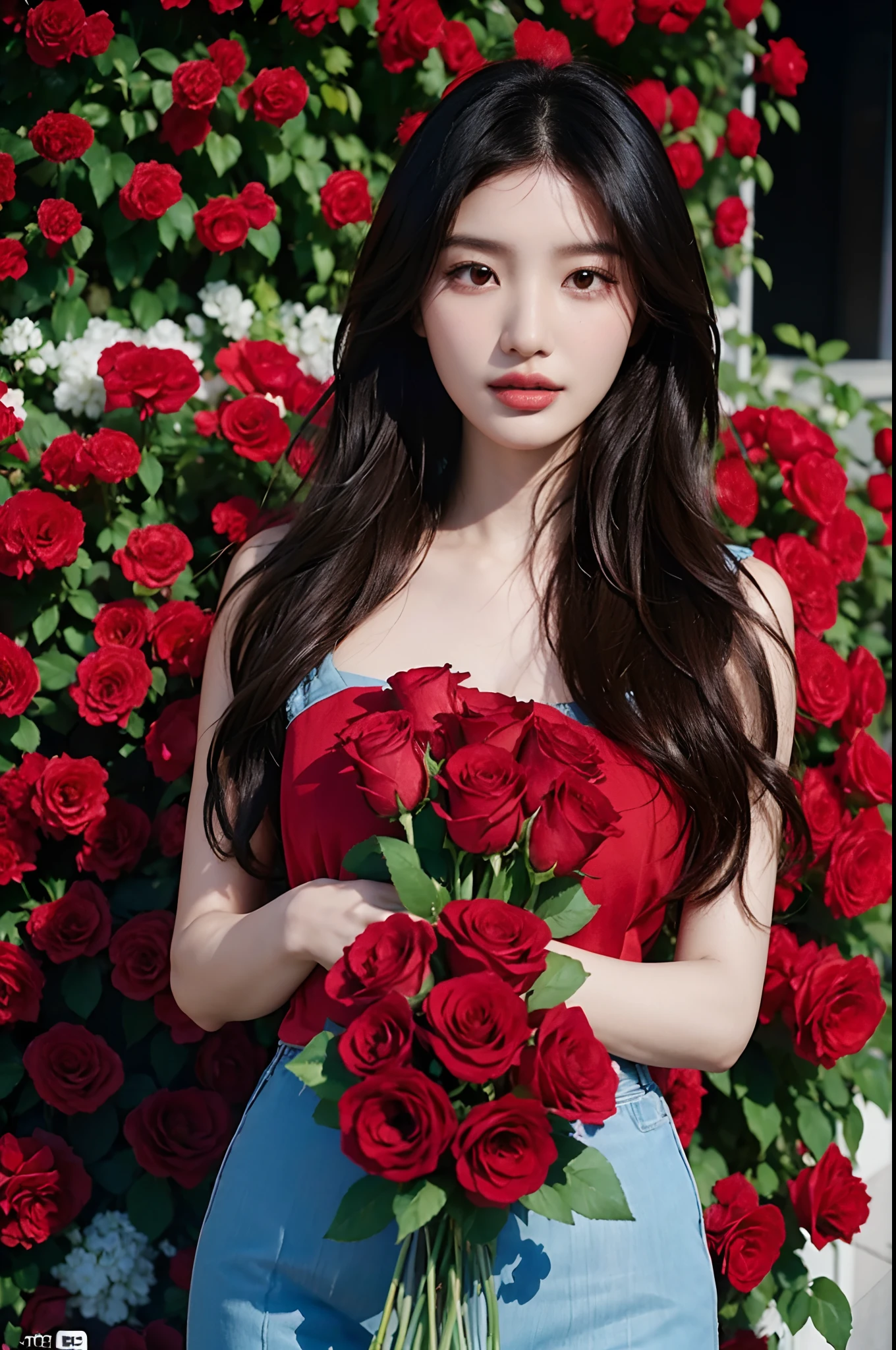 arafed woman holding a bunch of red roses in front of a colorful background, with flowers, bae suzy, gemma chan girl portrait, jaeyeon nam, korean artist, album art, flowers in background, shot on nikon z9, twice, in red background, official artwork, holding flowers, gemma chan beautiful girl, advertising photo, taejune kim, red roses