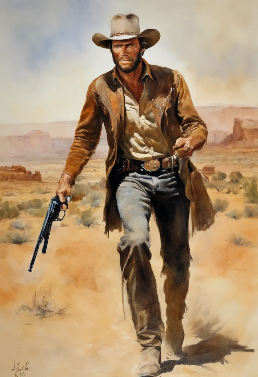 A cowboy (Young Clint Eastwood) (good the bad and the ugly) holding a gun in her hand, ((Angry 1.4)), Riding a running horse, Screaming, Action, The dark side, Mystery , Dark background, pastels, author:Harry Bush, James Montgomery Flagg and Louise Van Barr、Jim French and Roslav, Detailed and realistic eyes, Big barefoot, The crotch is large and raised, Very handsome, Beautiful