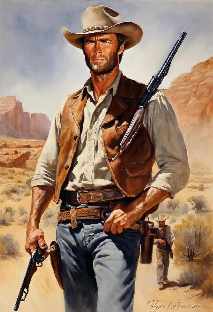 A cowboy (Young Clint Eastwood) (good the bad and the ugly) holding a gun in her hand, ((Angry 1.4)), Riding a running horse, Screaming, Action, The dark side, Mystery , Dark background, pastels, author:Harry Bush, James Montgomery Flagg and Louise Van Barr、Jim French and Roslav, Detailed and realistic eyes, Big barefoot, The crotch is large and raised, Very handsome, Beautiful