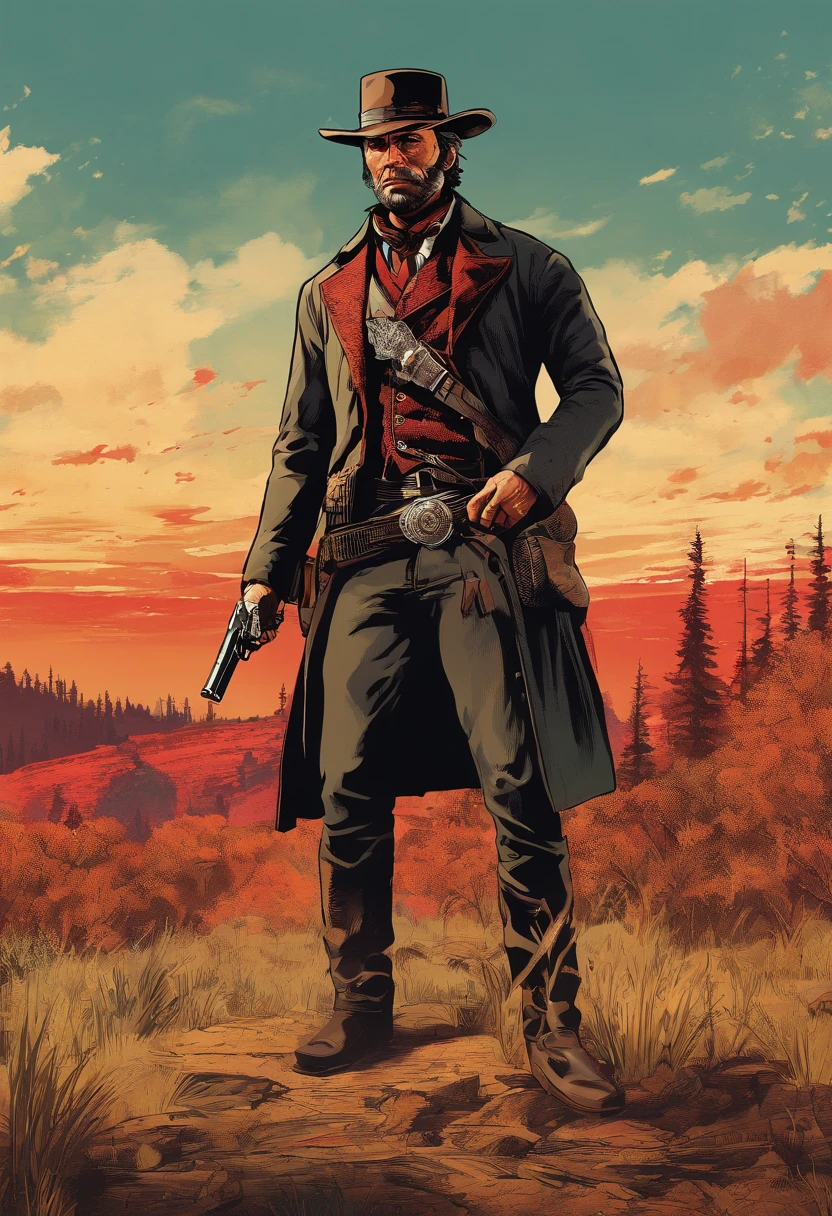 《Red Dead Redemption 2》Full body picture of a dangerous illegal gunman, Wearing a black fur coat,suit vest,clean shaven,without a beard,Detailed portrait, Vintage illustration, High-res, Realistic colors, intricate drawing, Vibrant colors, Dramatic lighting, Full body shot, There are only clean calves on the face, The whole body from the feet to the top. Eastern United States 1899 forest hut background, There are grasses and many trees,Cigarette card color,Cigarette card,Old paper texture
