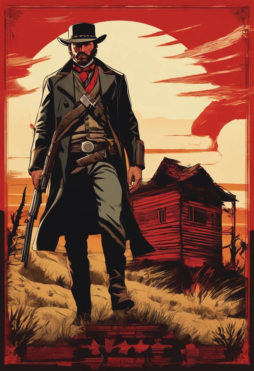 《Red Dead Redemption 2》Full body picture of a dangerous illegal gunman, Wearing a black fur coat,suit vest,clean shaven,without a beard,Detailed portrait, Vintage illustration, High-res, Realistic colors, intricate drawing, Vibrant colors, Dramatic lighting, Full body shot, There are only clean calves on the face, The whole body from the feet to the top. Eastern United States 1899 forest hut background, There are grasses and many trees,Cigarette card color,Cigarette card,Old paper texture