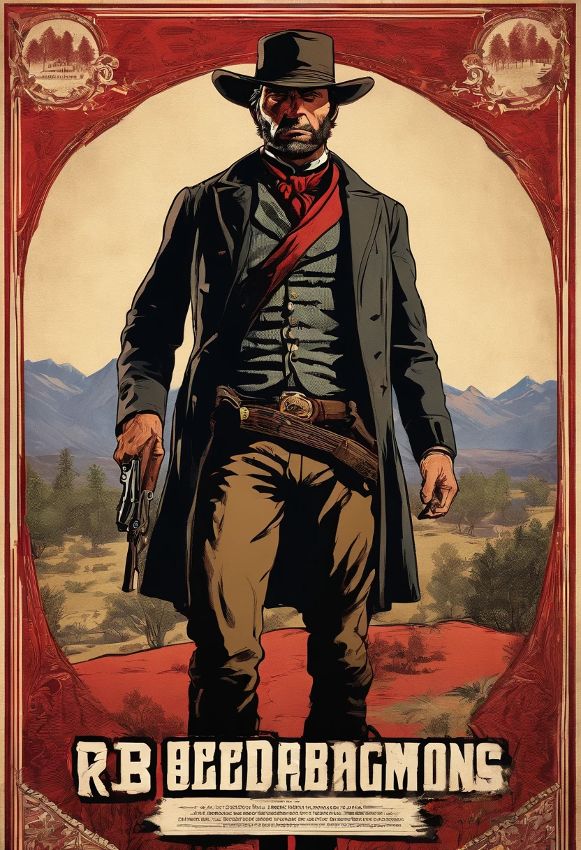 《Red Dead Redemption 2》Full body picture of a dangerous illegal gunman, Wearing a black fur coat,suit vest,clean shaven,without a beard,Detailed portrait, Vintage illustration, High-res, Realistic colors, intricate drawing, Vibrant colors, Dramatic lighting, Full body shot, There are only clean calves on the face, The whole body from the feet to the top. Eastern United States 1899 forest hut background, There are grasses and many trees,Cigarette card color,Cigarette card,Old paper texture