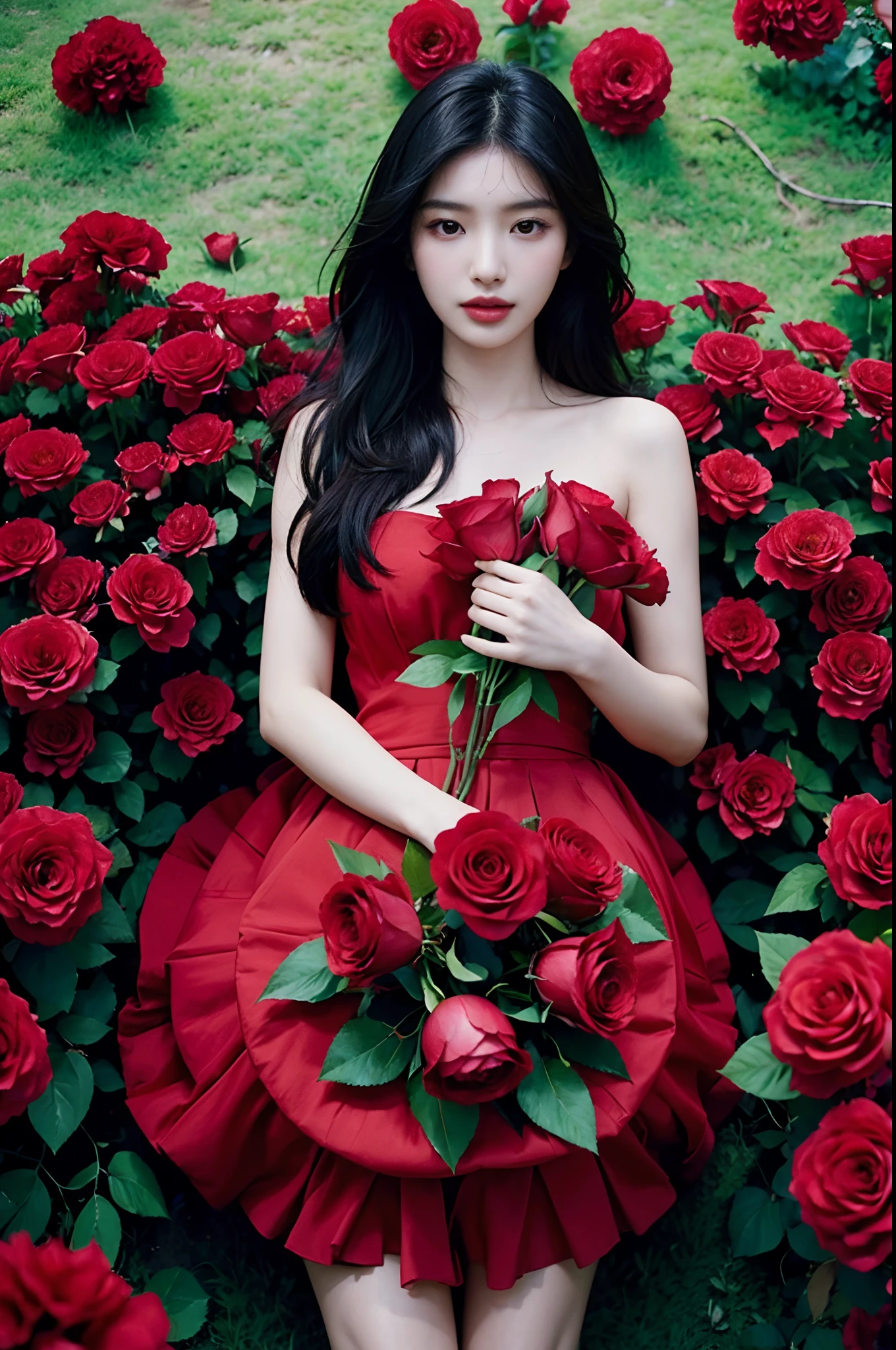 arafed woman holding a bunch of red roses in front of a colorful background, with flowers, bae suzy, gemma chan girl portrait, jaeyeon nam, korean artist, album art, flowers in background, shot on nikon z9, twice, in red background, official artwork, holding flowers, gemma chan beautiful girl, advertising photo, taejune kim, red roses