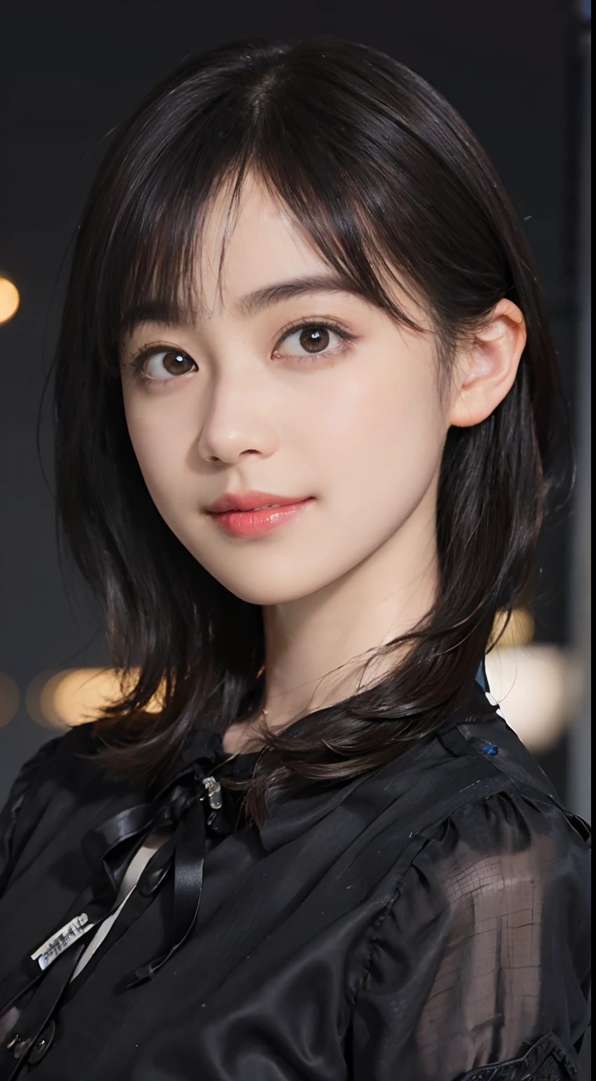 (highest quality,masterpiece:1.3,Ultra-high resolution),(Super detailed,Caustics,8k), (Photorealistic:1.4, RAW shooting),darkness,Japanese,20-year-old,smile,Black Hair Middle Hair,Black Shirt,Bust up shot