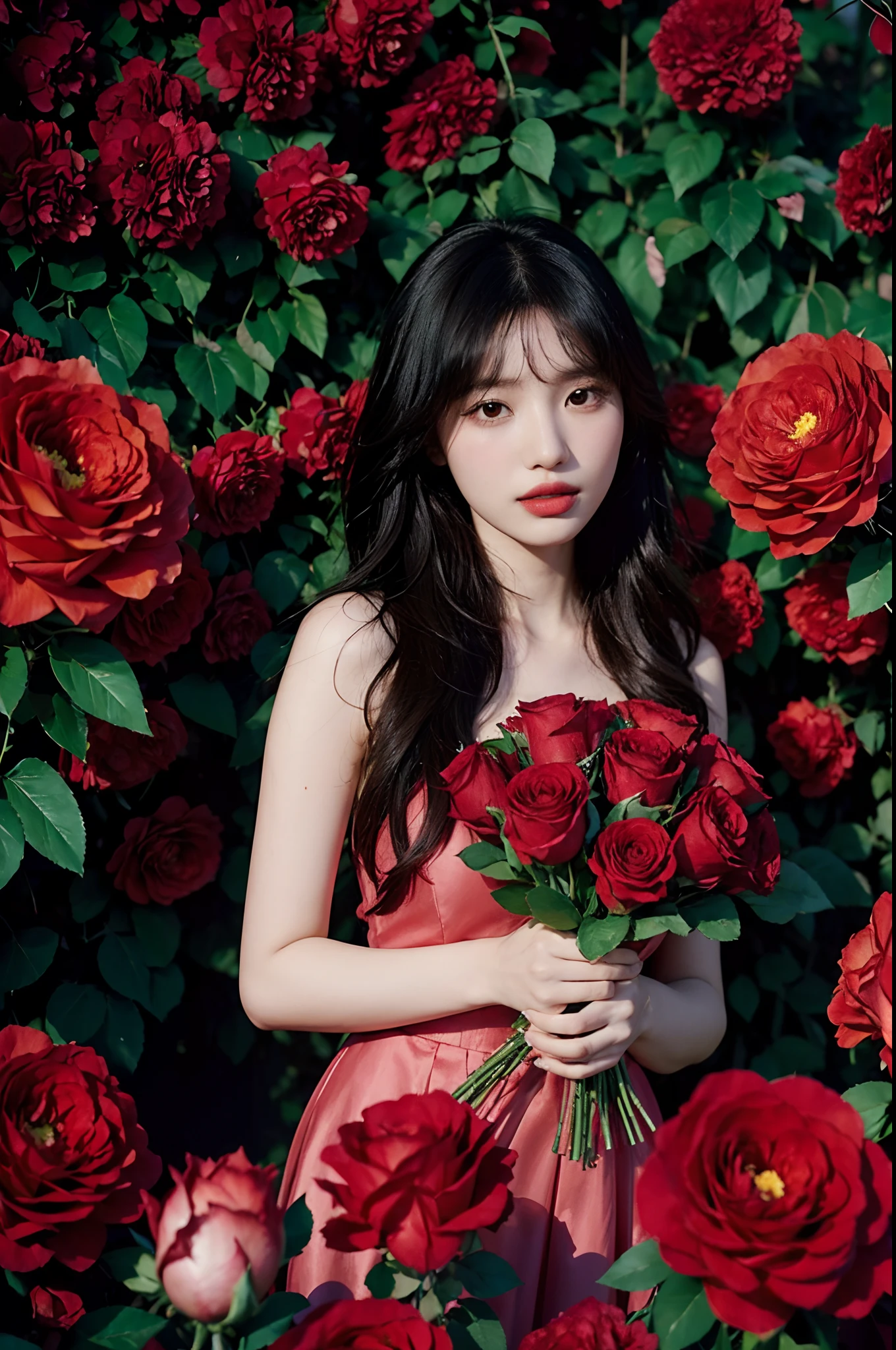 arafed woman holding a bunch of red roses in front of a colorful background, with flowers, bae suzy, gemma chan girl portrait, jaeyeon nam, korean artist, album art, flowers in background, shot on nikon z9, twice, in red background, official artwork, holding flowers, gemma chan beautiful girl, advertising photo, taejune kim, red roses