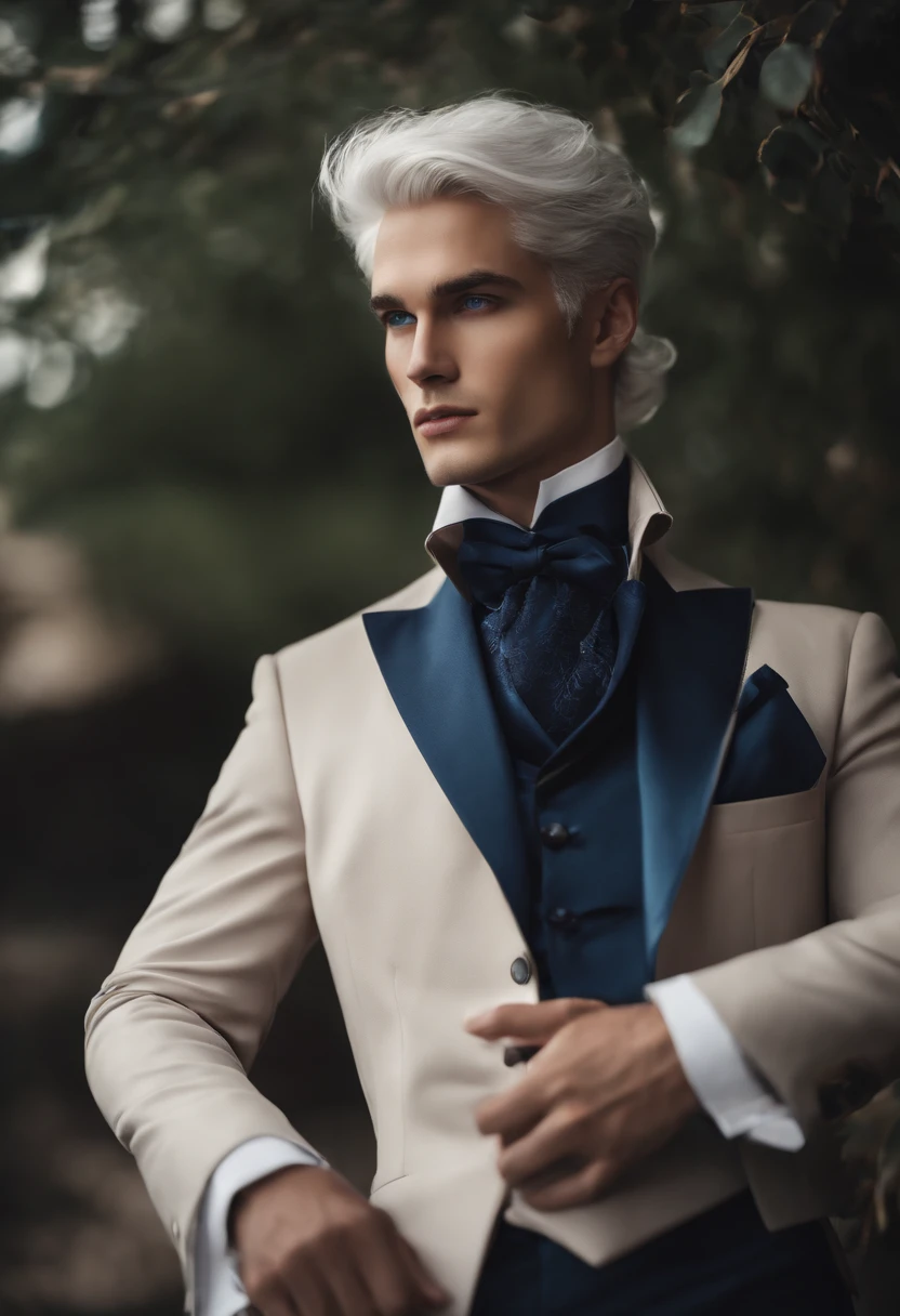 Csar D'Future, attractive man, white hair, blue eyes, formal clothes.